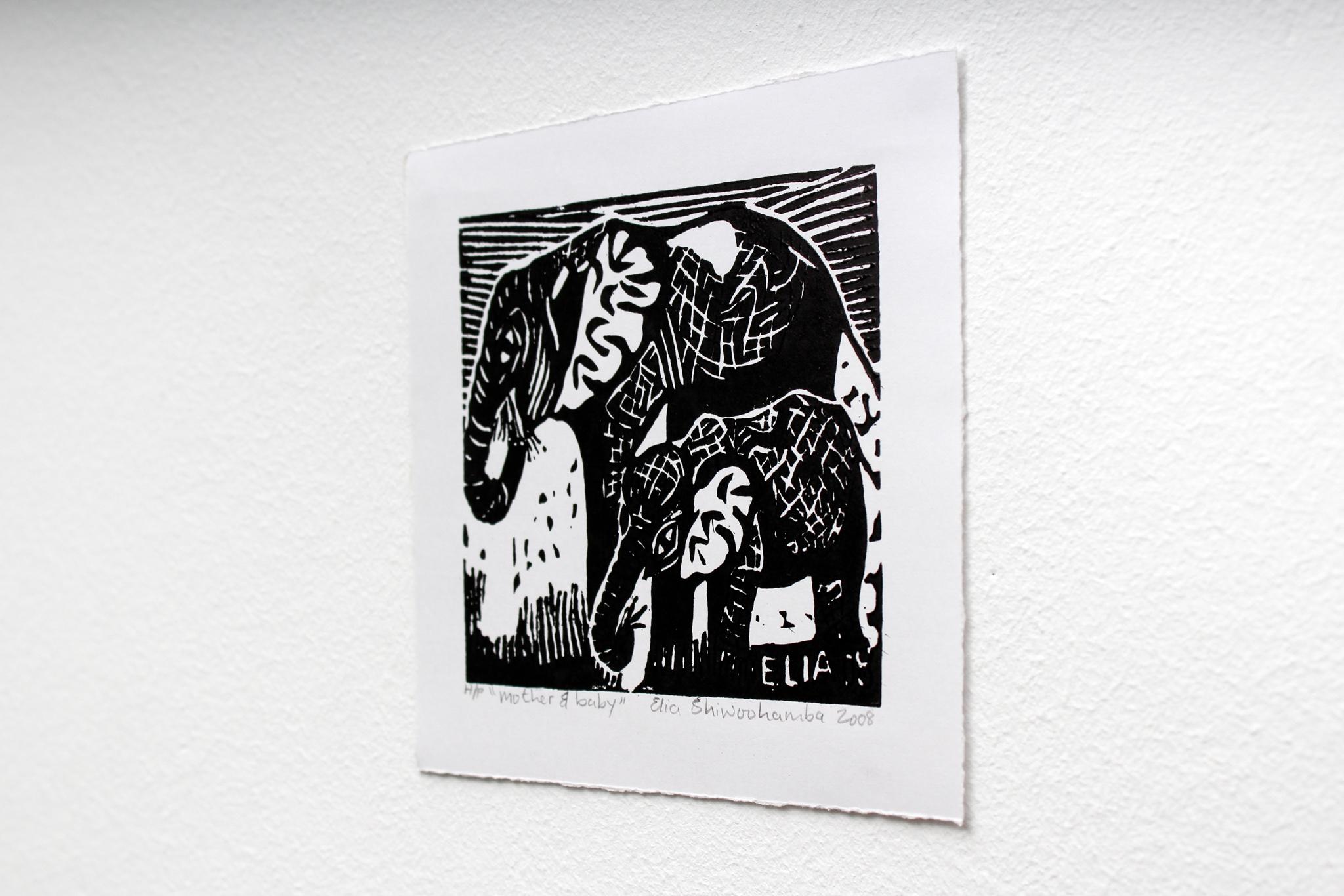 Mother and baby, Linoleum block prints on paper.

Elia Shiwoohamba was born in 1981 in Windhoek, Namibia. He graduated from the John Muafangejo Art Centre in Windhoek in 2006. Specialising in printmaking and sculpture, Shiwoohamba works as a