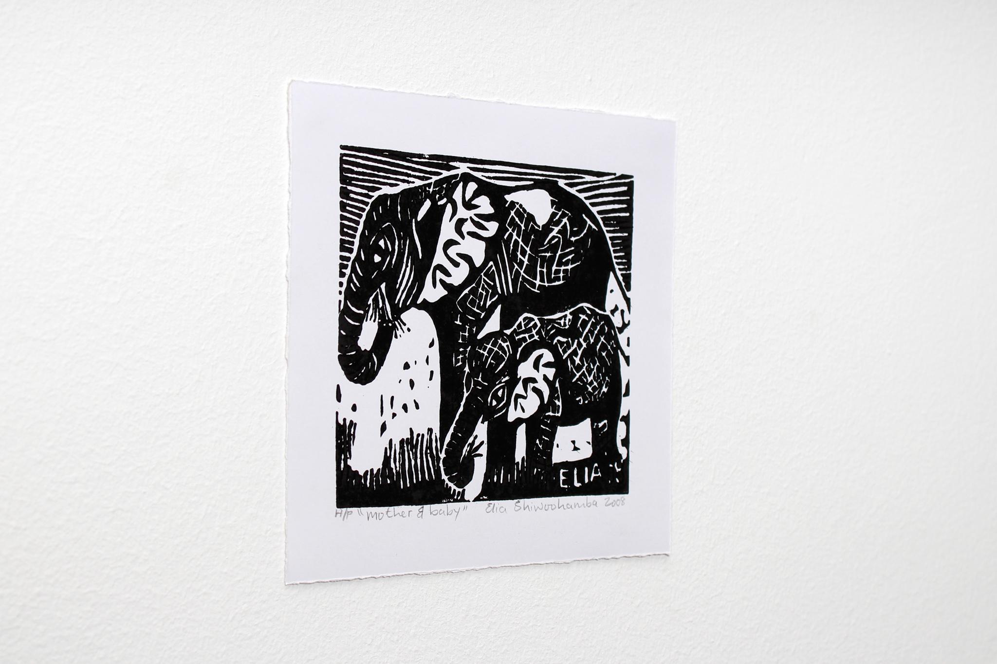 Mother and baby, Elia Shiwoohamba, Linoleum block print For Sale 1