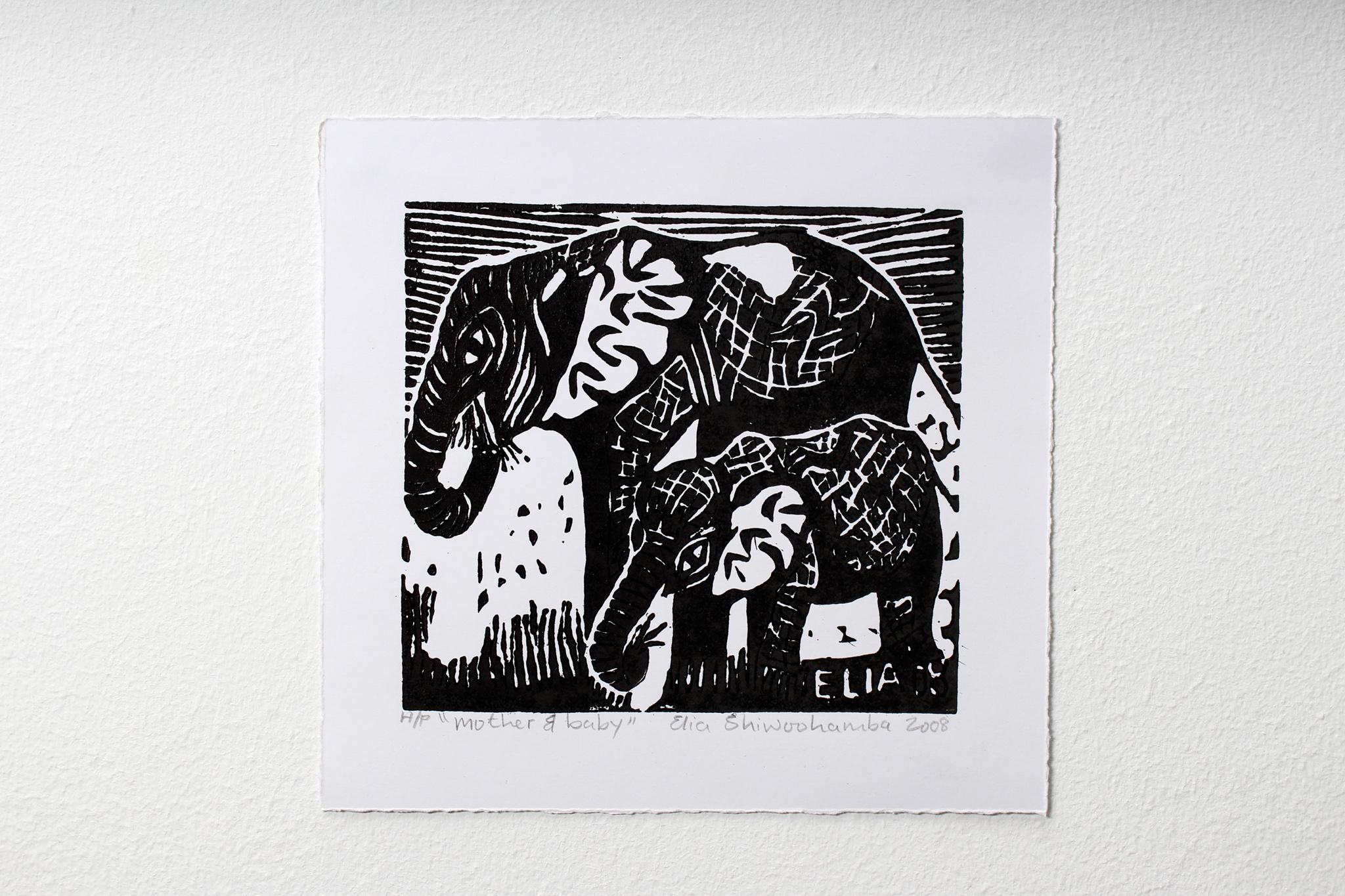 Mother and baby, Elia Shiwoohamba, Linoleum block print