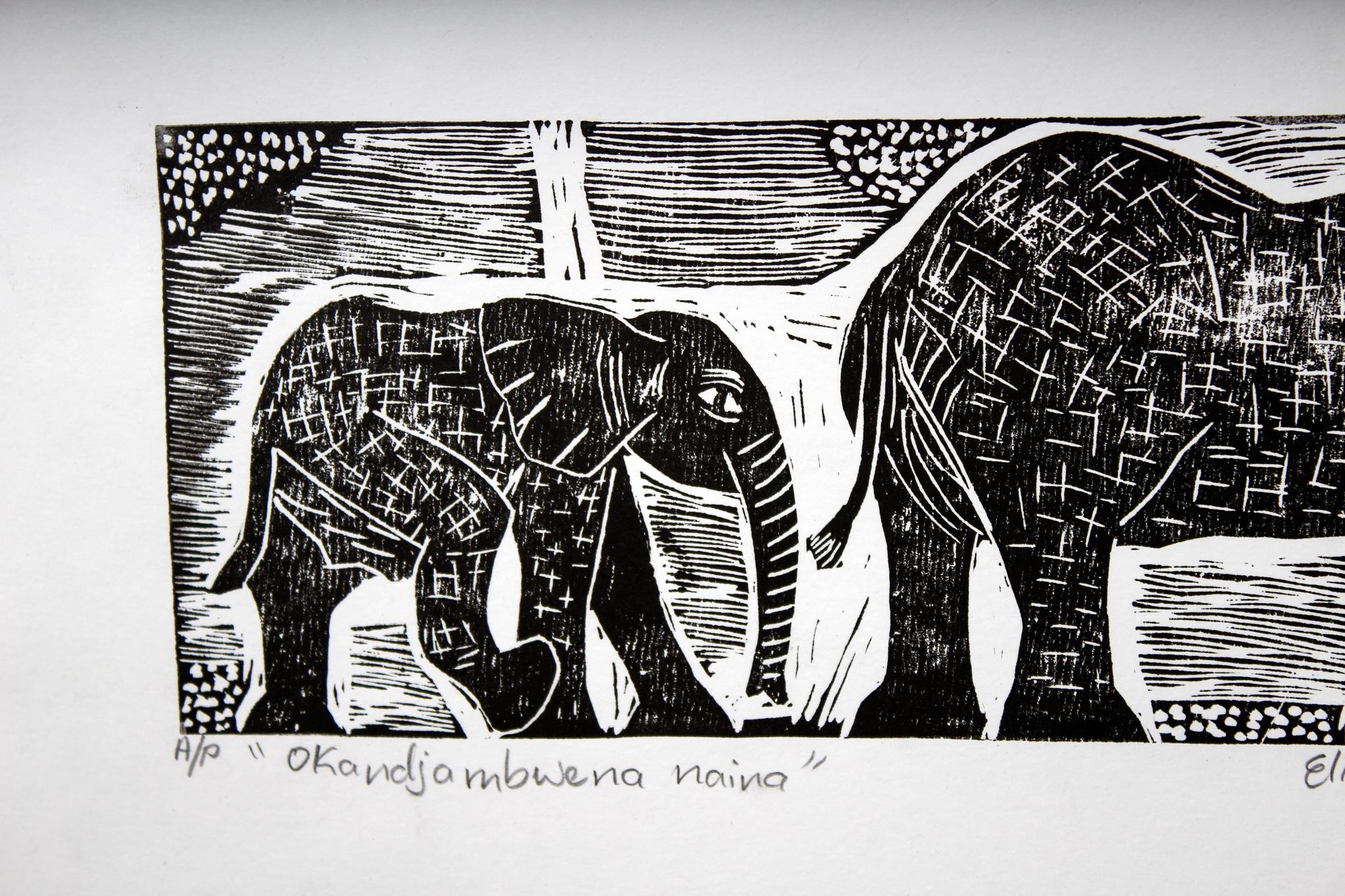 Okandjambwena naina, Linoleum block prints on paper.

Elia Shiwoohamba was born in 1981 in Windhoek, Namibia. He graduated from the John Muafangejo Art Centre in Windhoek in 2006. Specialising in printmaking and sculpture, Shiwoohamba works as a