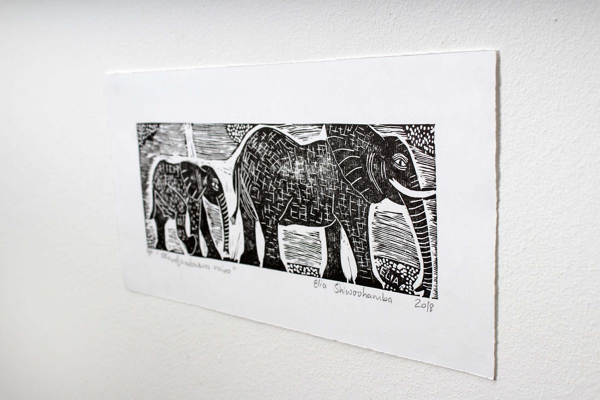 Okandjambwena naina, Elia Shiwoohamba, Linoleum block print For Sale 1
