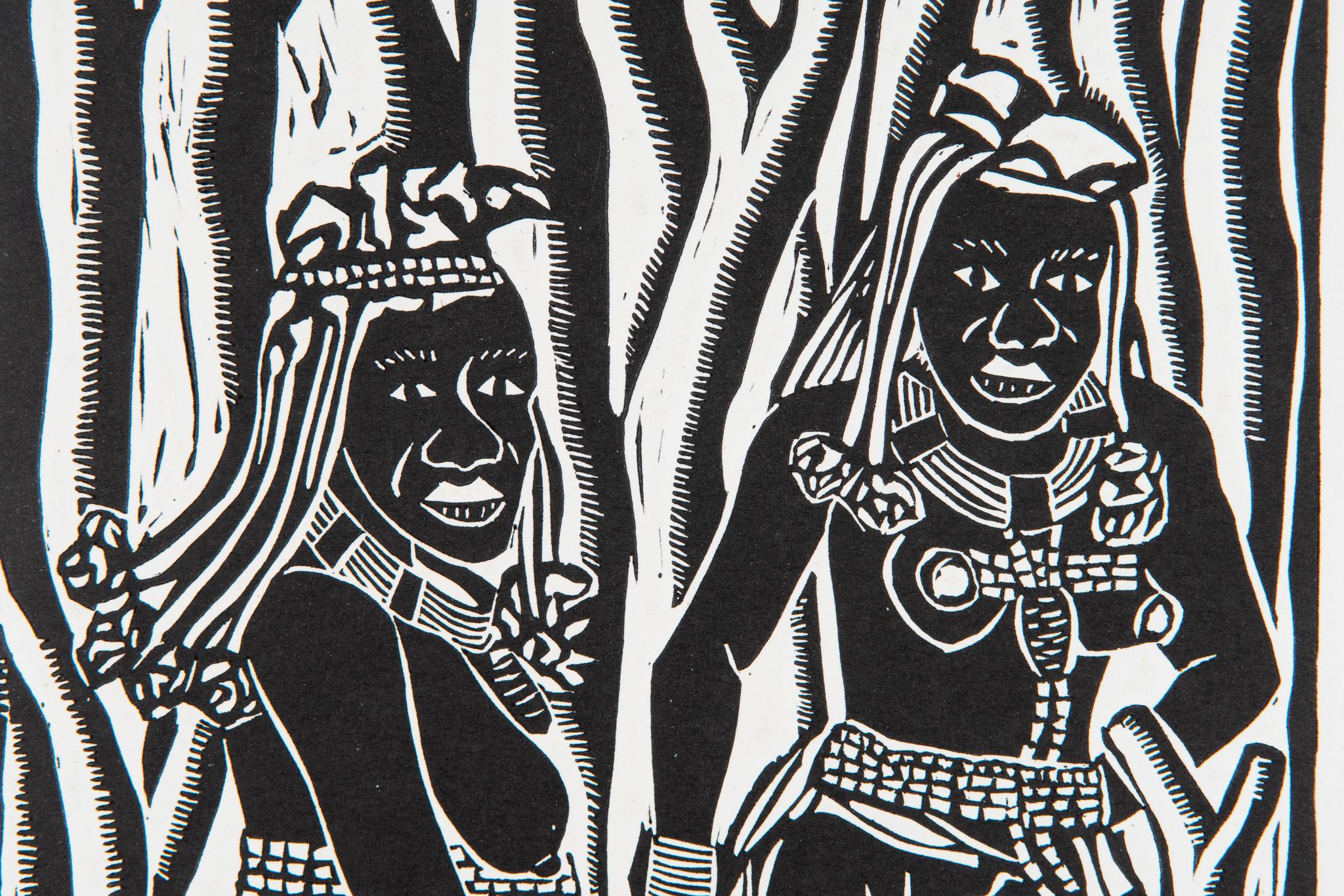 Ovahimba Women, Elia Shiwoohamba, Linoleum block print on paper For Sale 1