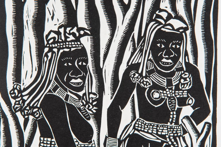 Ovahimba Women, Elia Shiwoohamba, Linoleum block print on paper - Contemporary Print by Elia Shiwoohamba