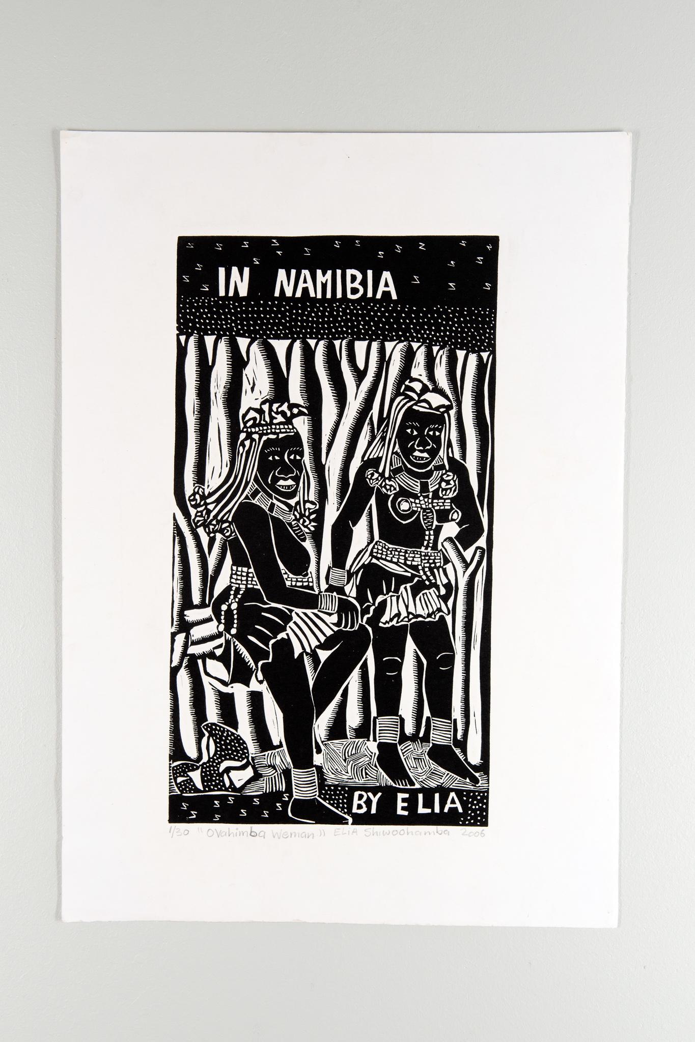 Ovahimba Women, 2006. Linoleum block print on paper. Edition of 30.

Elia Shiwoohamba was born in 1981 in Windhoek, Namibia. He graduated from the John Muafangejo Art Centre in Windhoek in 2006. Specialising in printmaking and sculpture, Shiwoohamba