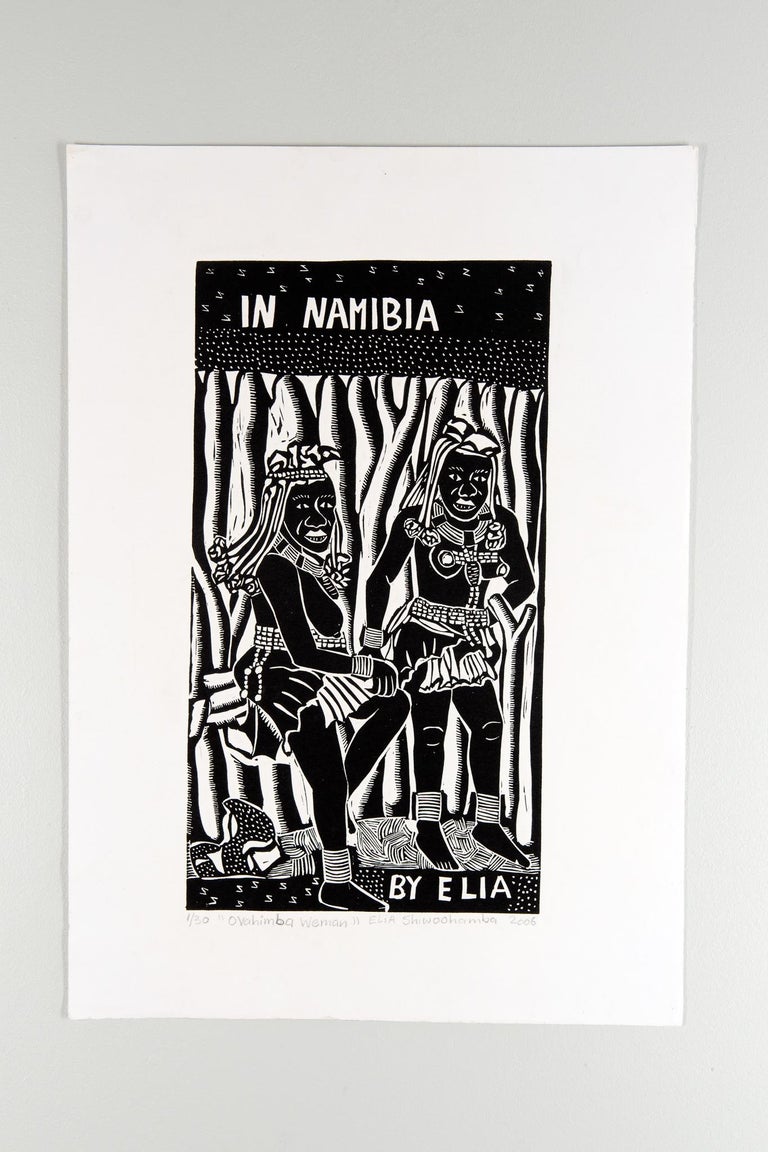 Ovahimba Women, Elia Shiwoohamba, Linoleum block print on paper - Print by Elia Shiwoohamba