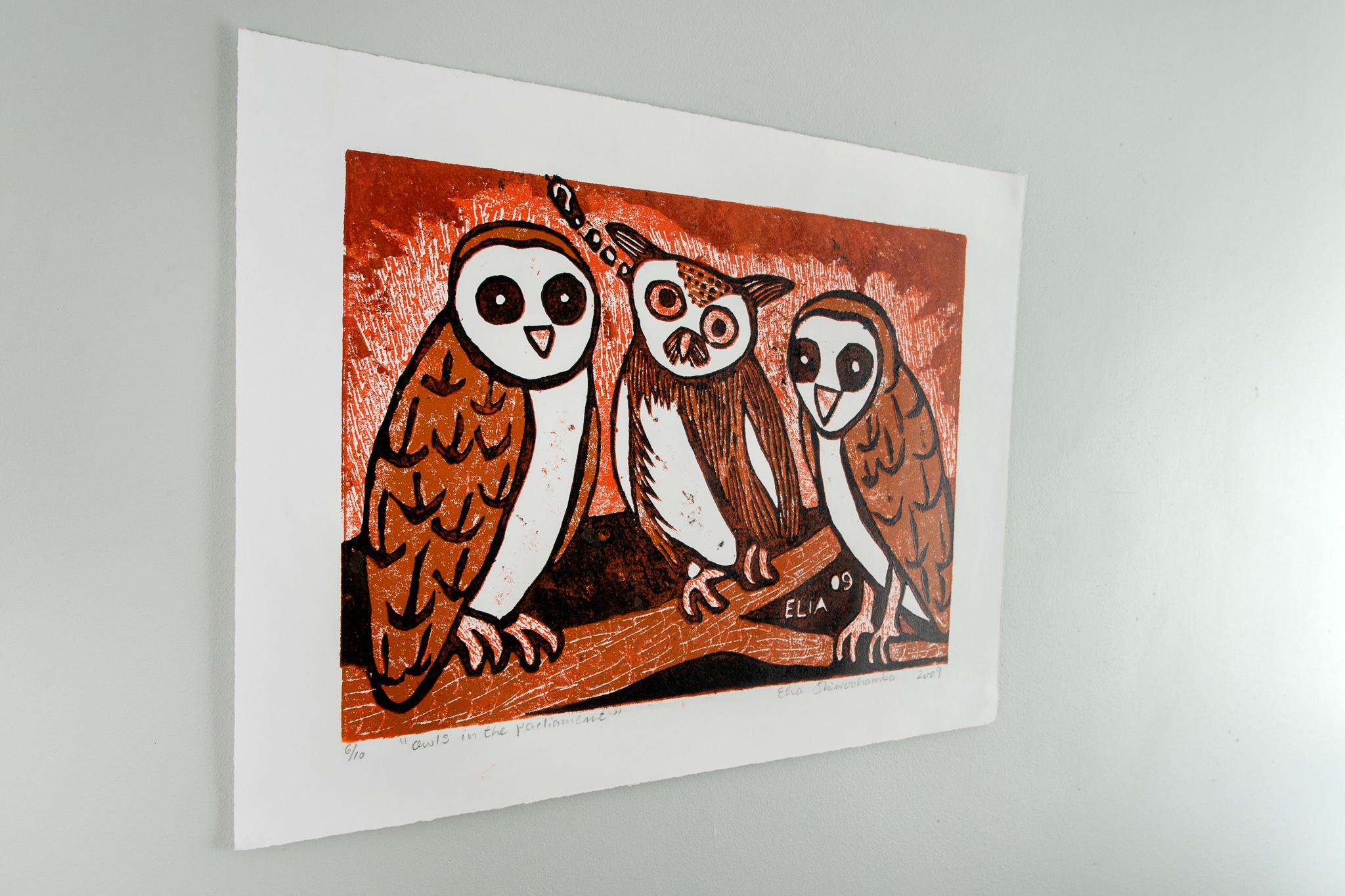 Owls in Parliament, 2009. Cardboard print on paper. Edition of 10.

Elia Shiwoohamba was born in 1981 in Windhoek, Namibia. He graduated from the John Muafangejo Art Centre in Windhoek in 2006. Specialising in printmaking and sculpture, Shiwoohamba