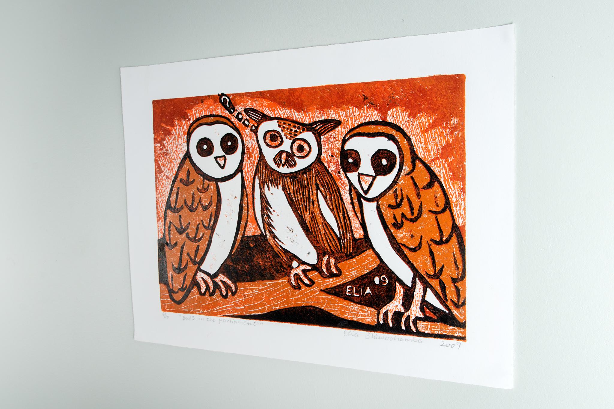 Owls in Parliament, Elia Shiwoohamba, Cardboard print on paper For Sale 1