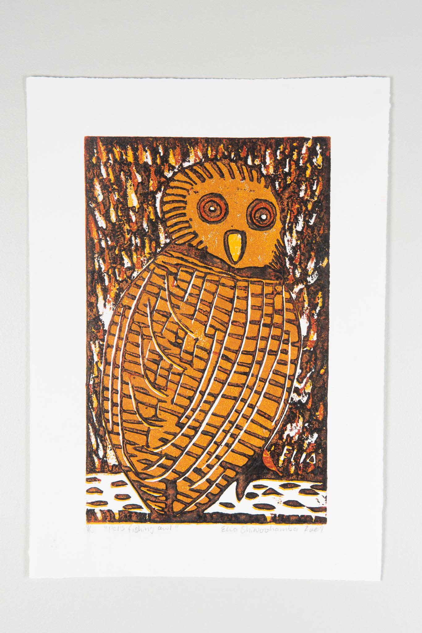 Pel's Fishing Owl, Elia Shiwoohamba, Cardboard print on paper