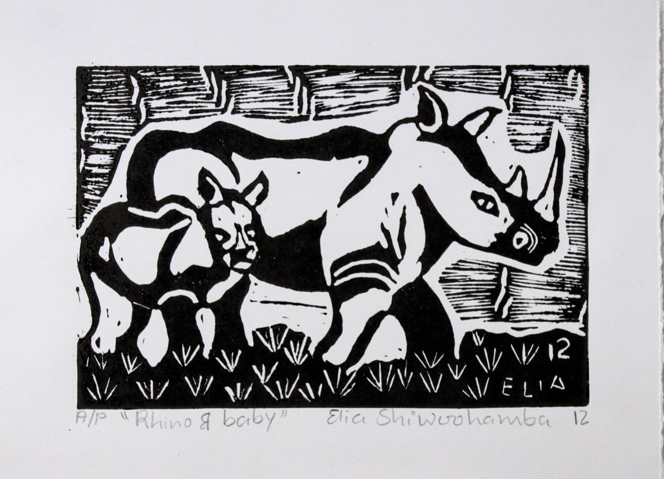 Rhino and baby, Elia Shiwoohamba, Linoleum block print For Sale 1