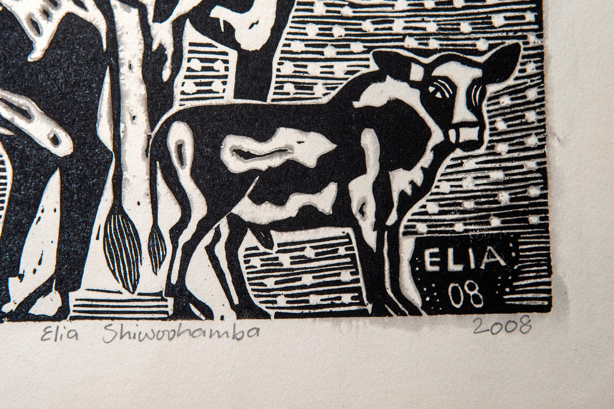 Shiwoohamba's Cattle, 2008. Linoleum block print on fabriano paper. Edition of five

Elia Shiwoohamba was born in 1981 in Windhoek, Namibia. He graduated from the John Muafangejo Art Centre in Windhoek in 2006. Specialising in printmaking and