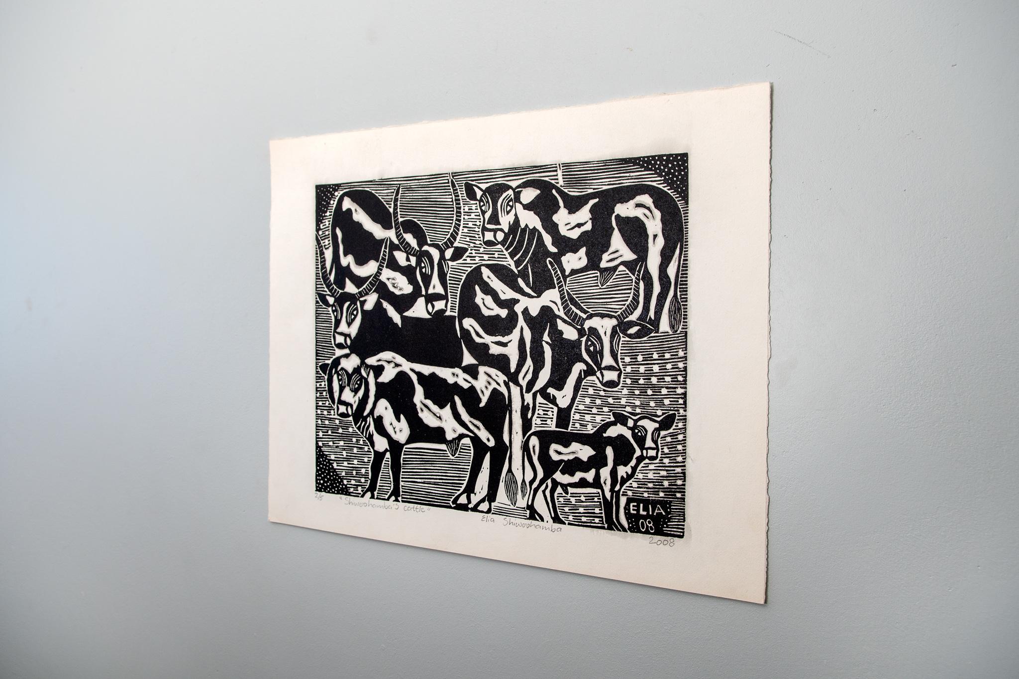 Shiwoohamba's Cattle, Elia Shiwoohamba, Linoleum block print on paper 1