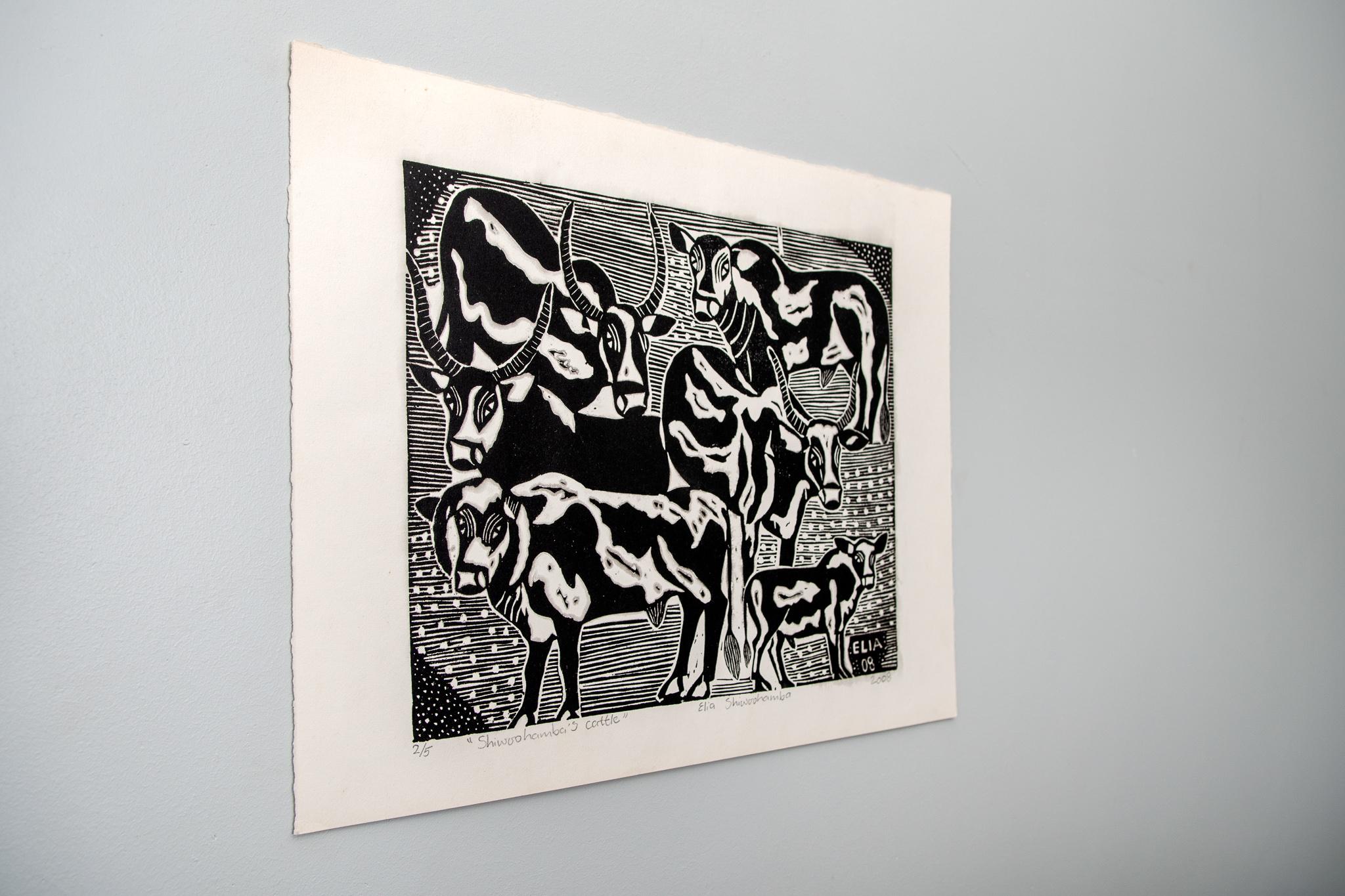 Shiwoohamba's Cattle, Elia Shiwoohamba, Linoleum block print on paper 2