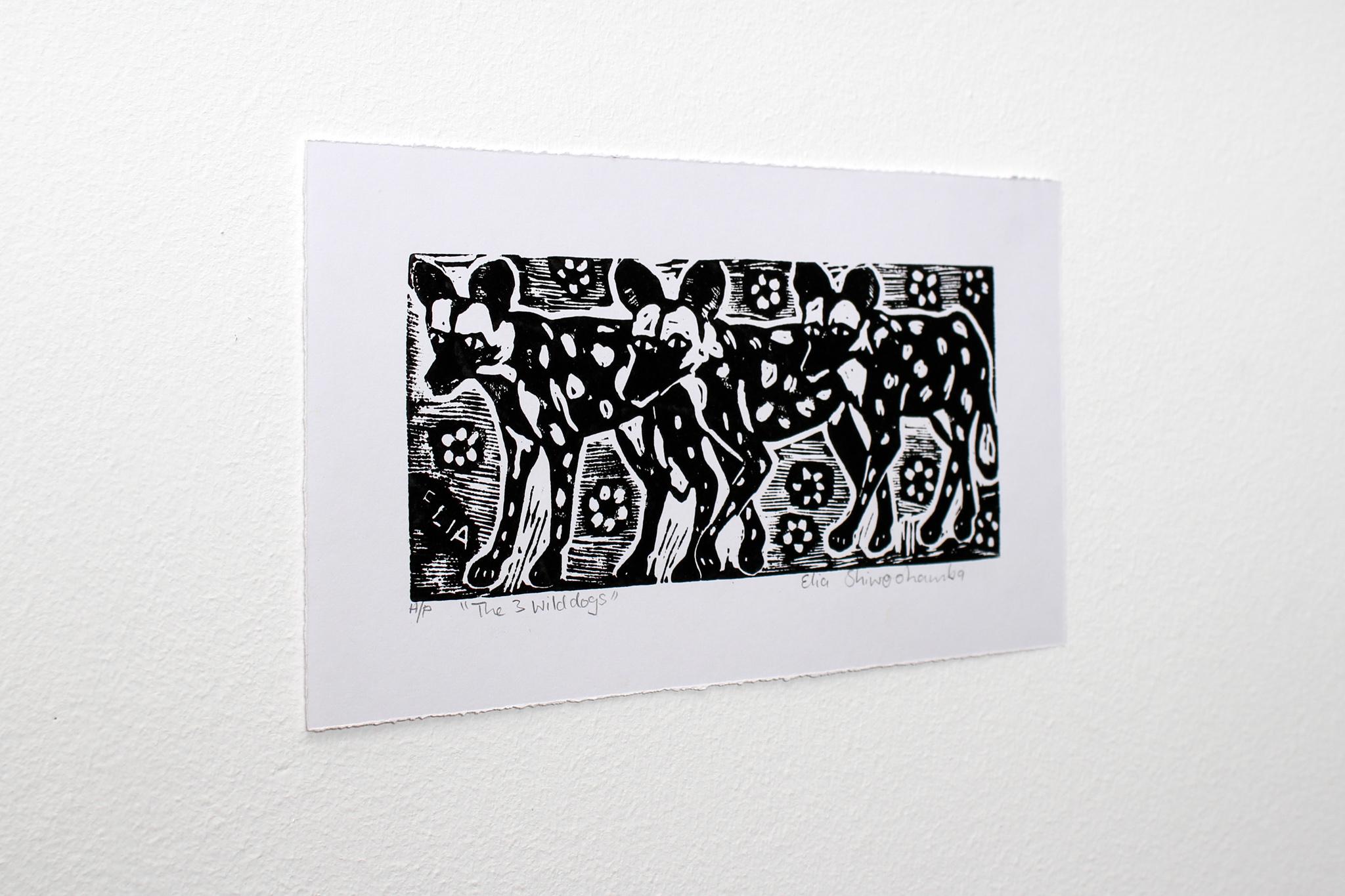 The 3 Wild Dogs, Elia Shiwoohamba, Linoleum block print on paper For Sale 1