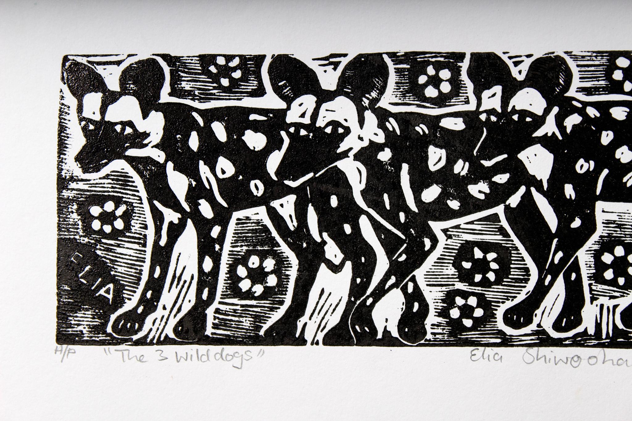 The 3 Wild Dogs, Elia Shiwoohamba, Linoleum block print on paper For Sale 2