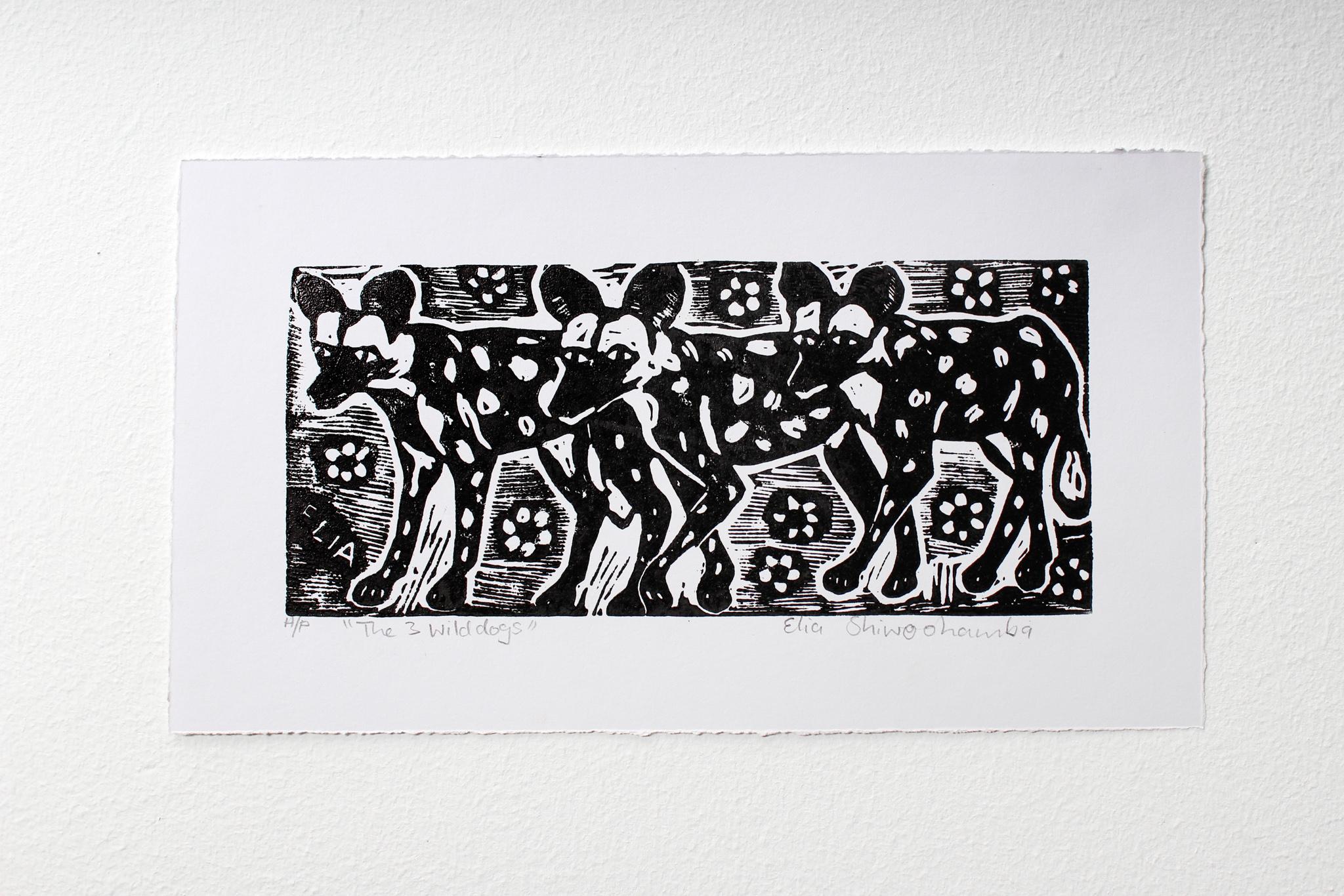The 3 Wild Dogs, Elia Shiwoohamba, Linoleum block print on paper