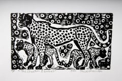 The cheetah and babies, Elia Shiwoohamba, Linoleum block print