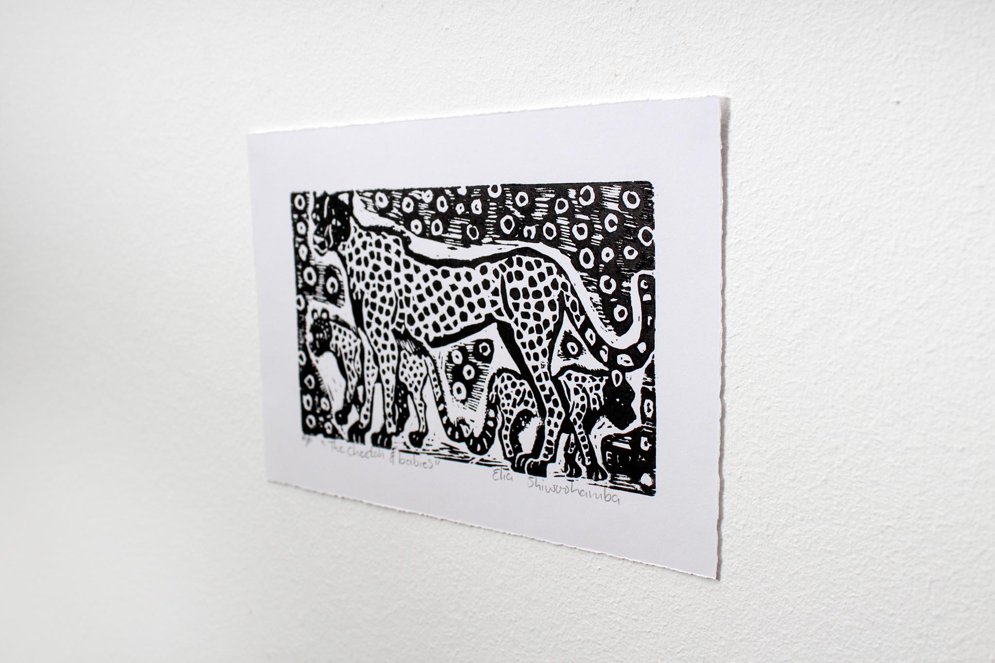 The cheetah and babies, Linoleum block prints on paper.

Elia Shiwoohamba was born in 1981 in Windhoek, Namibia. He graduated from the John Muafangejo Art Centre in Windhoek in 2006. Specialising in printmaking and sculpture, Shiwoohamba works as a