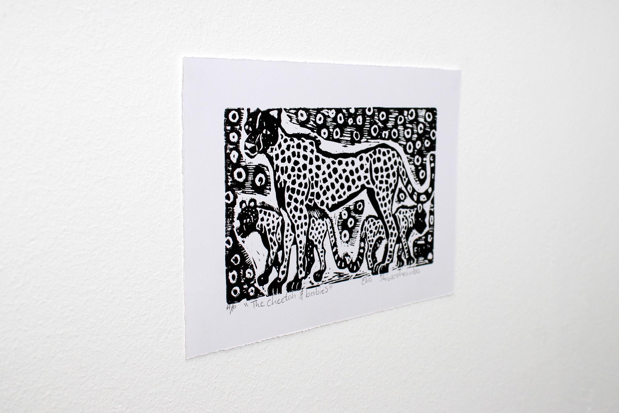 The cheetah and babies, Elia Shiwoohamba, Linoleum block print For Sale 1