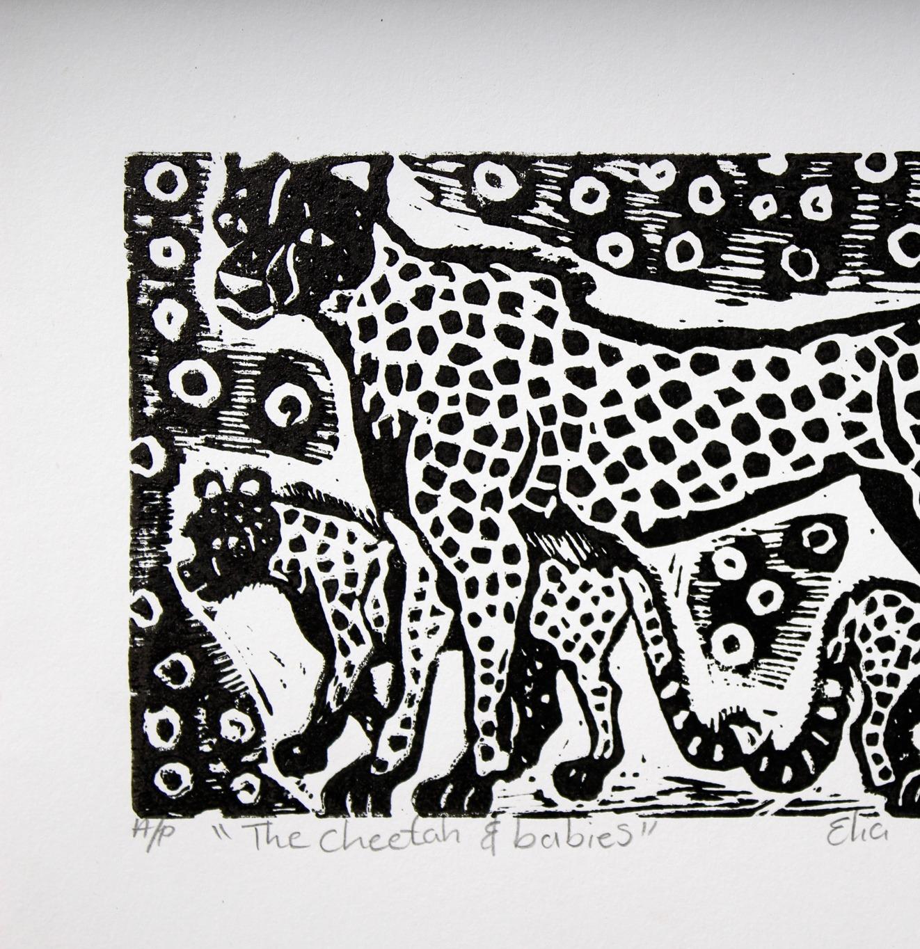 The cheetah and babies, Elia Shiwoohamba, Linoleum block print For Sale 2