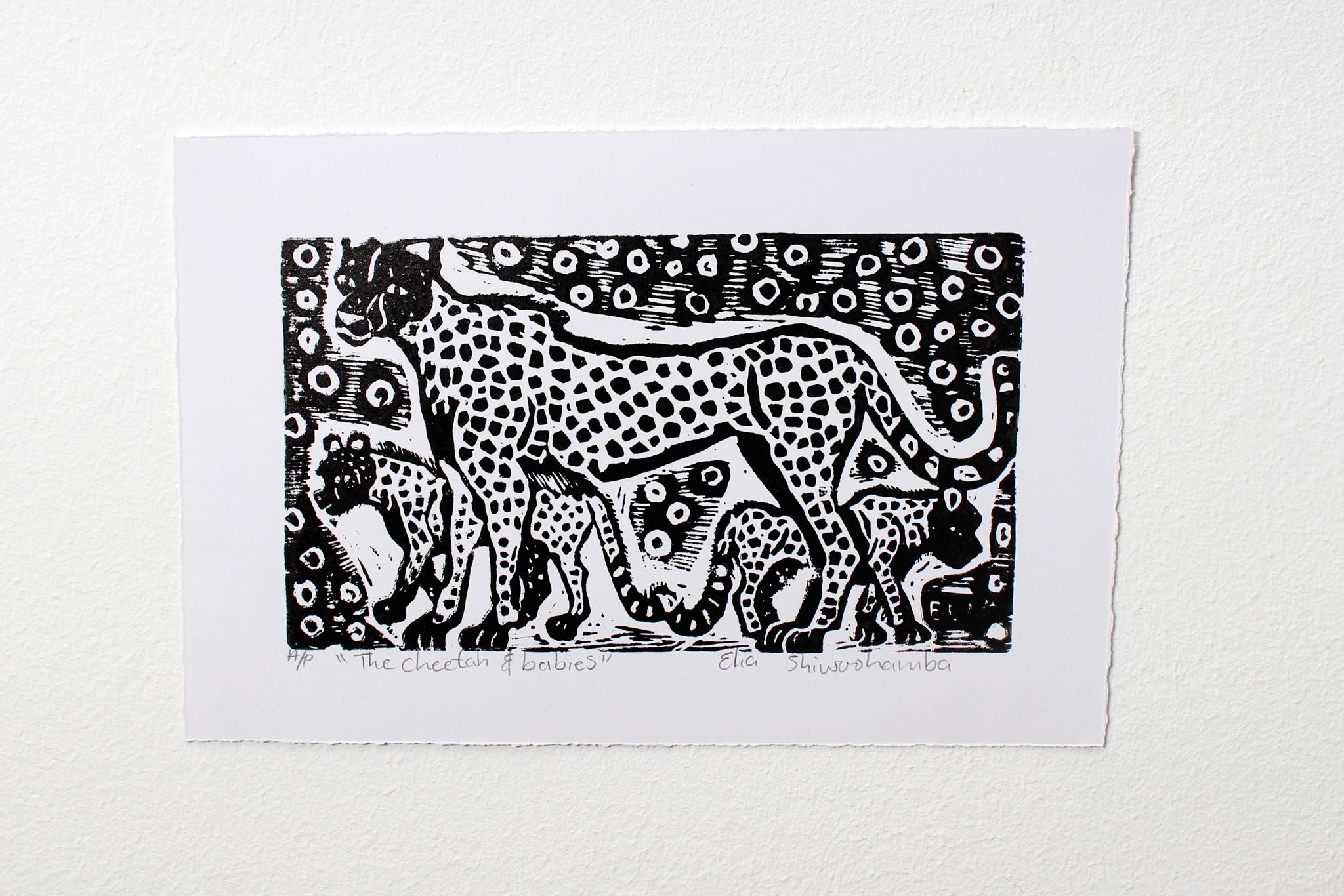 The cheetah and babies, Elia Shiwoohamba, Linoleum block print