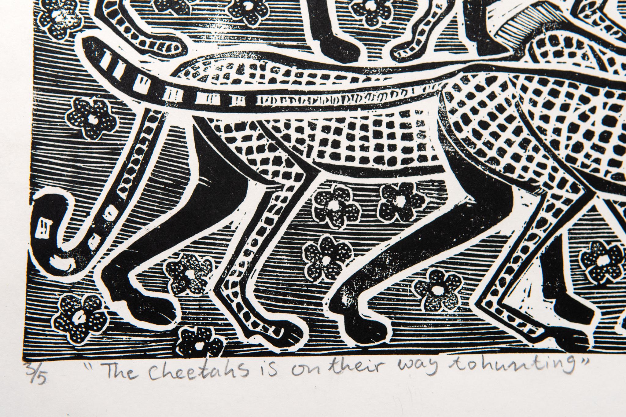 The cheetahs is on their way to hunting, 2019. Linoleum block print on paper. Edition of 5.

Elia Shiwoohamba was born in 1981 in Windhoek, Namibia. He graduated from the John Muafangejo Art Centre in Windhoek in 2006. Specialising in printmaking