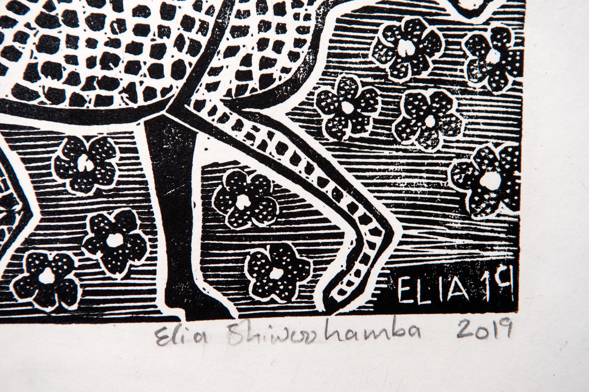 Die Geparden sind auf dem Weg zur Jagd, Elia Shiwoohamba, Linoleum-Blockdruck im Angebot 3