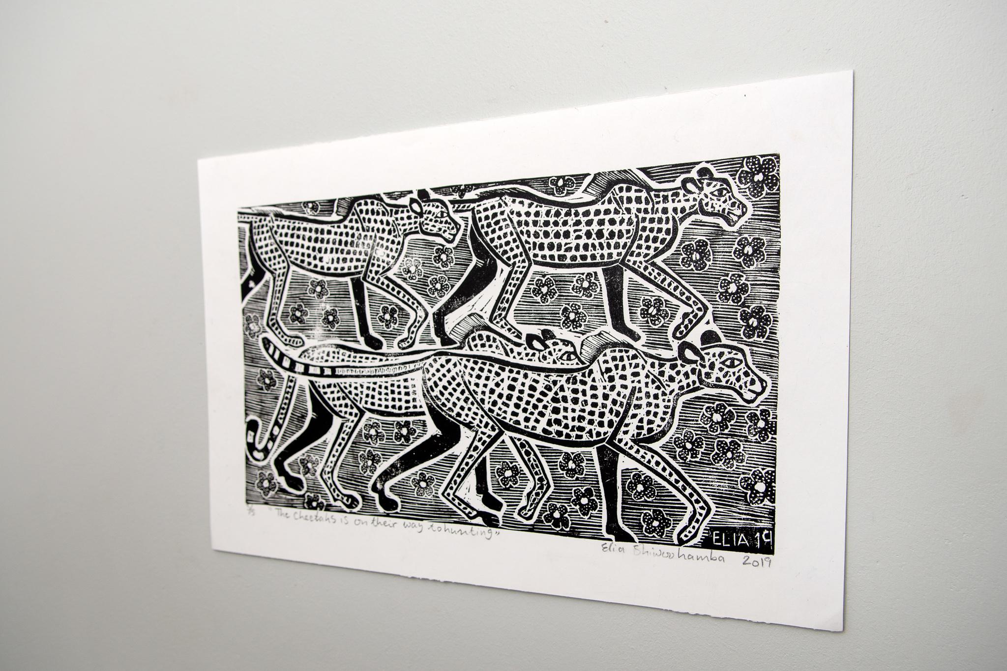 The cheetahs is on their way to hunting, Elia Shiwoohamba, Linoleum block print For Sale 2