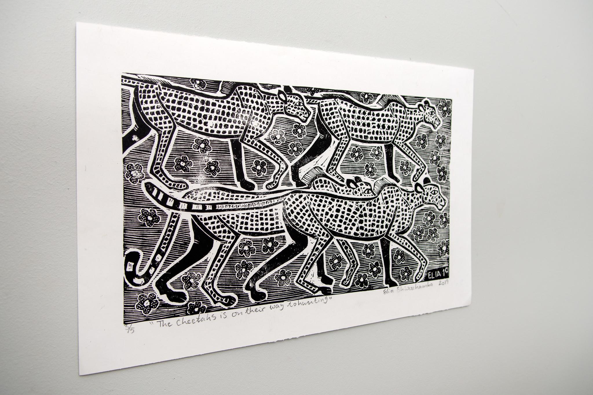 The cheetahs is on their way to hunting, Elia Shiwoohamba, Linoleum block print For Sale 3