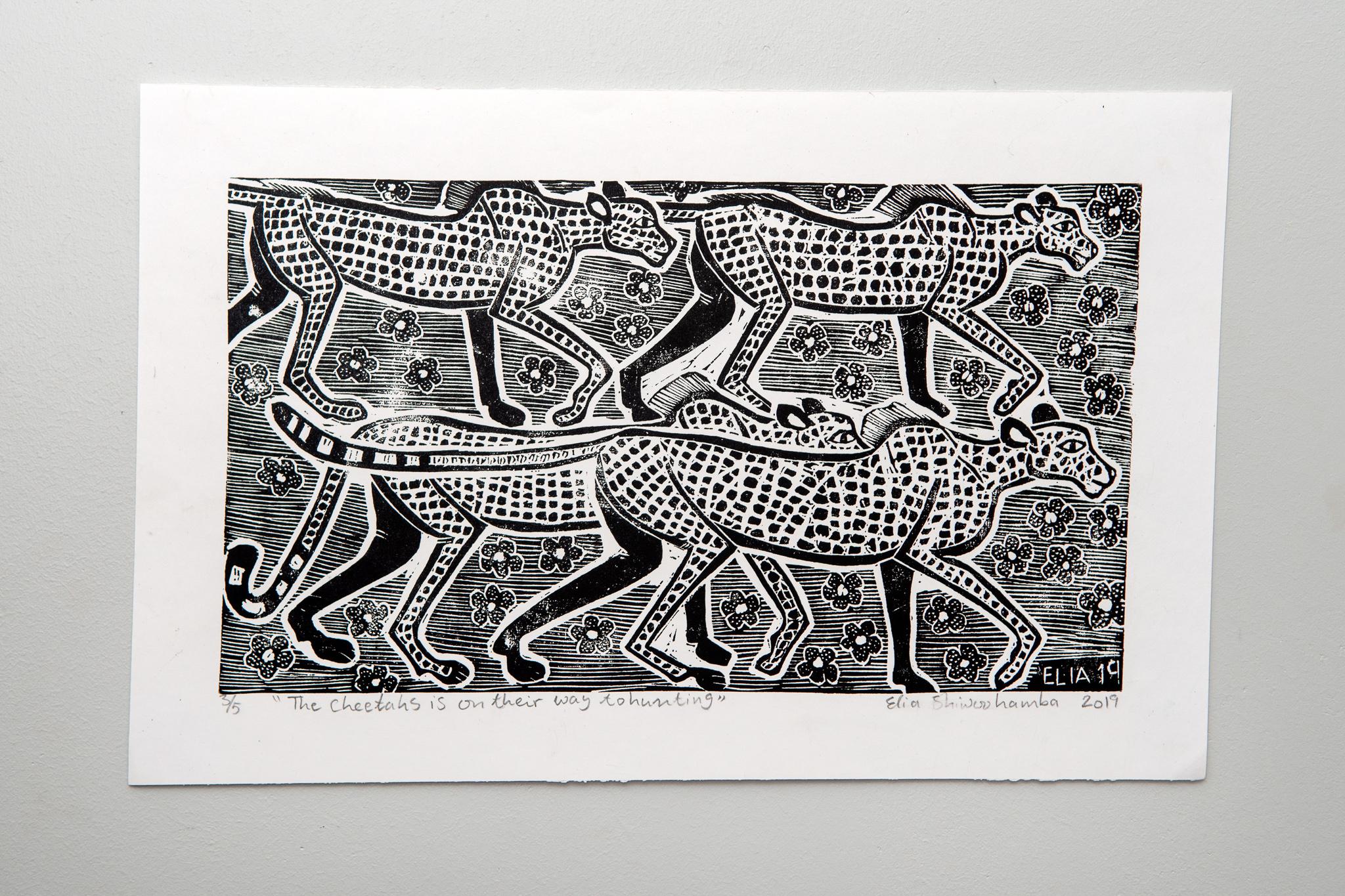 The cheetahs is on their way to hunting, Elia Shiwoohamba, Linoleum block print