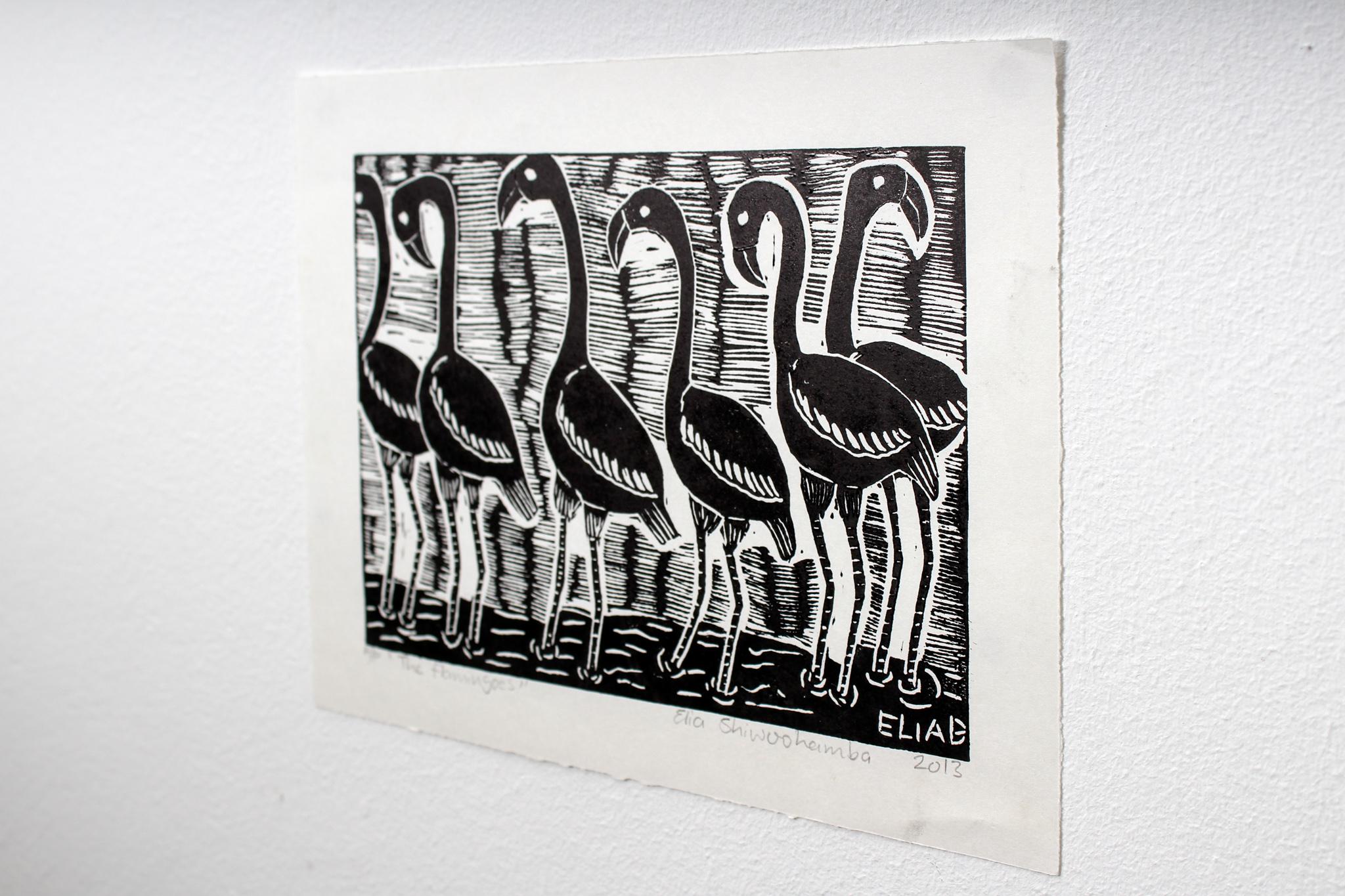 The flamingoes, Elia Shiwoohamba, Linoleum block print For Sale 1