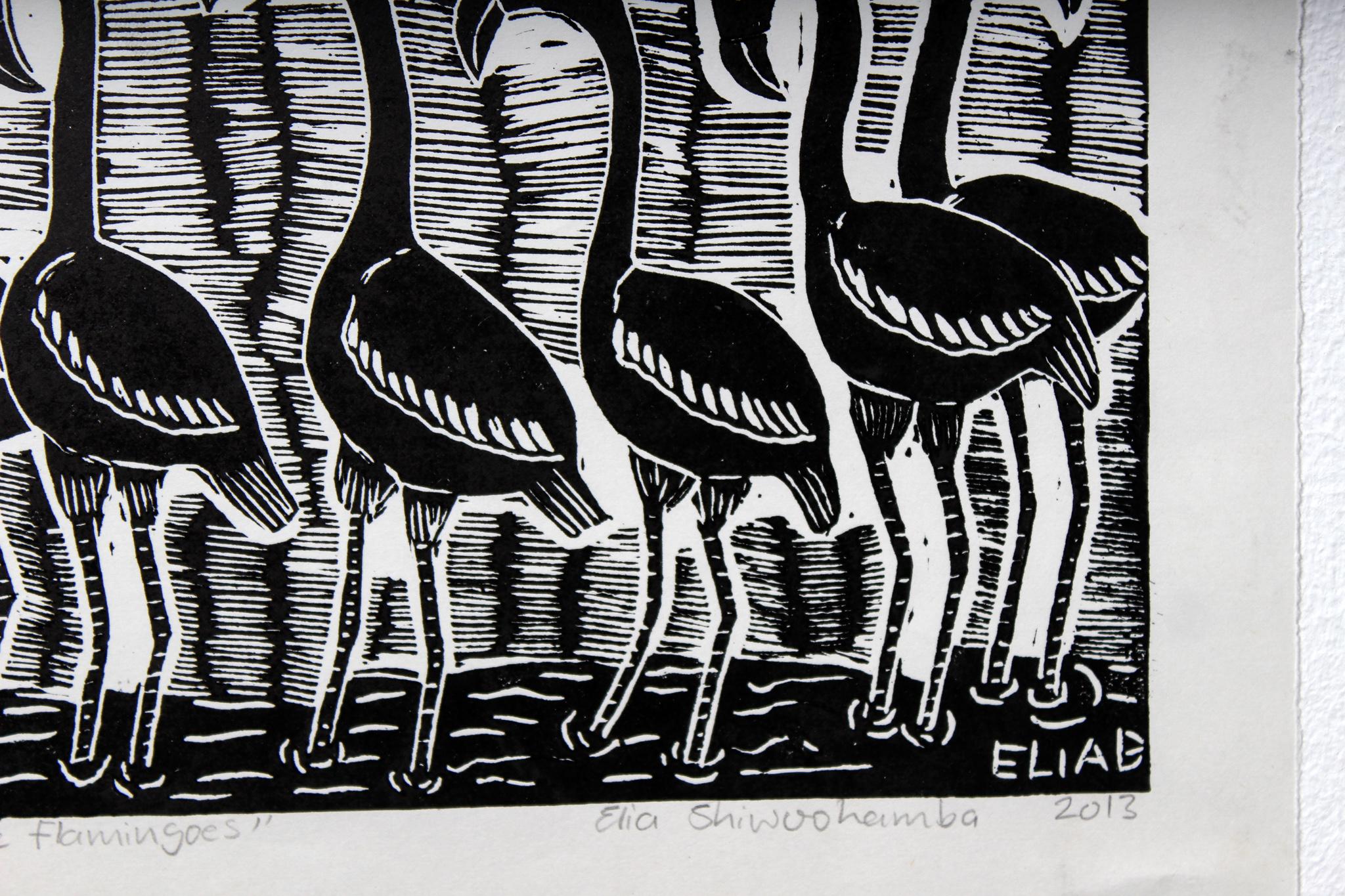 The flamingoes, Elia Shiwoohamba, Linoleum block print For Sale 2