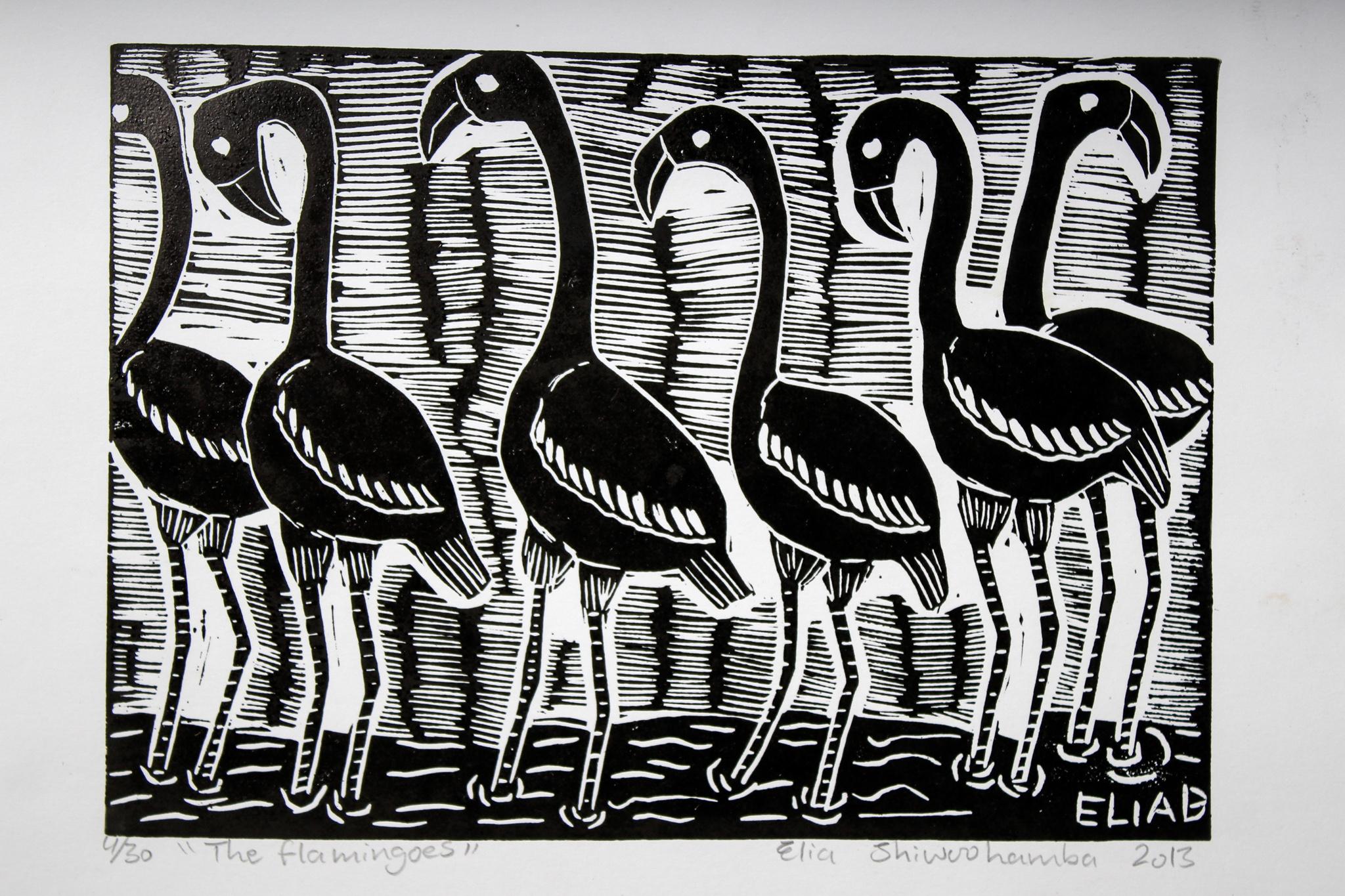 The flamingoes, Elia Shiwoohamba, Linoleum block print For Sale 1