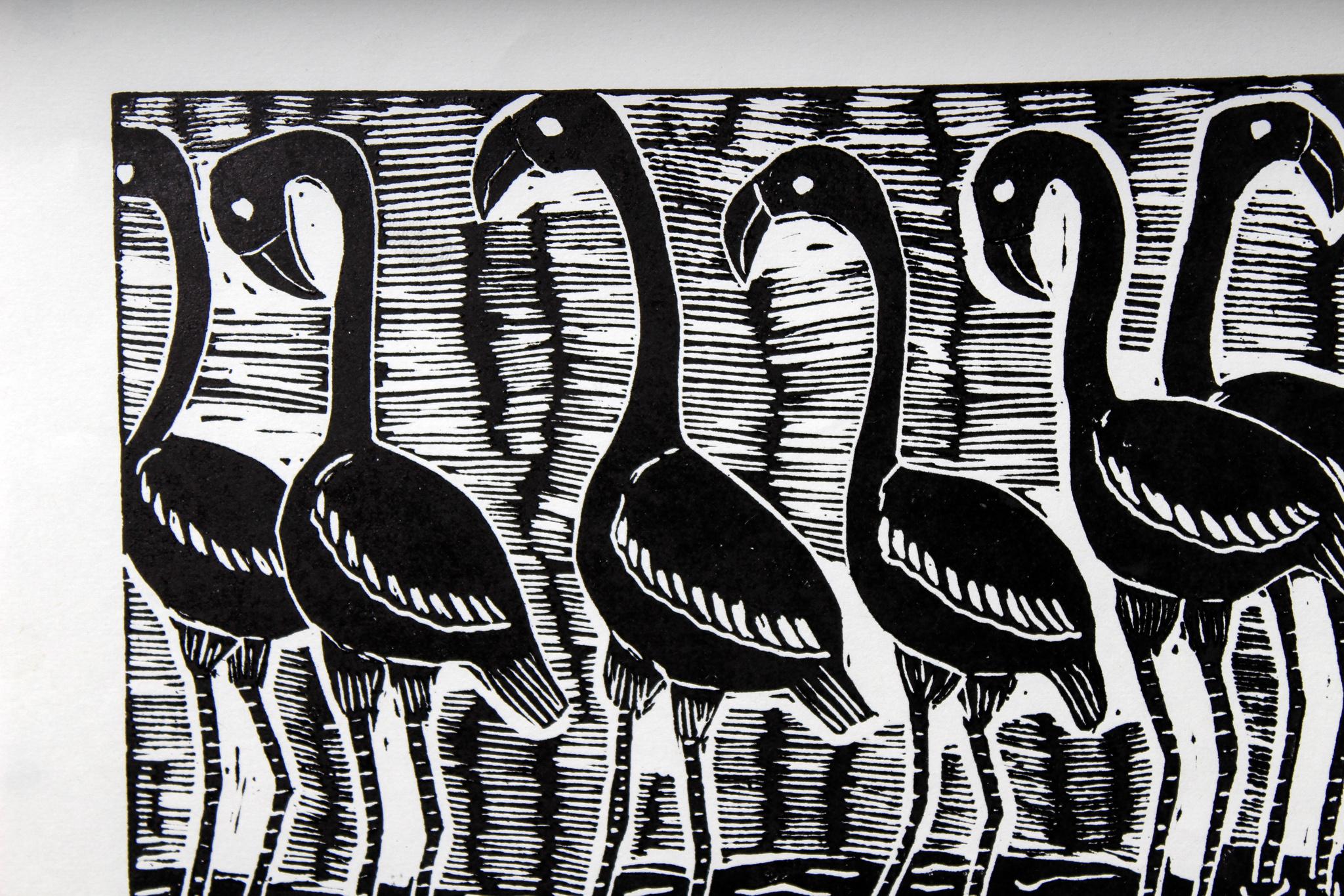 The flamingoes, Elia Shiwoohamba, Linoleum block print For Sale 3