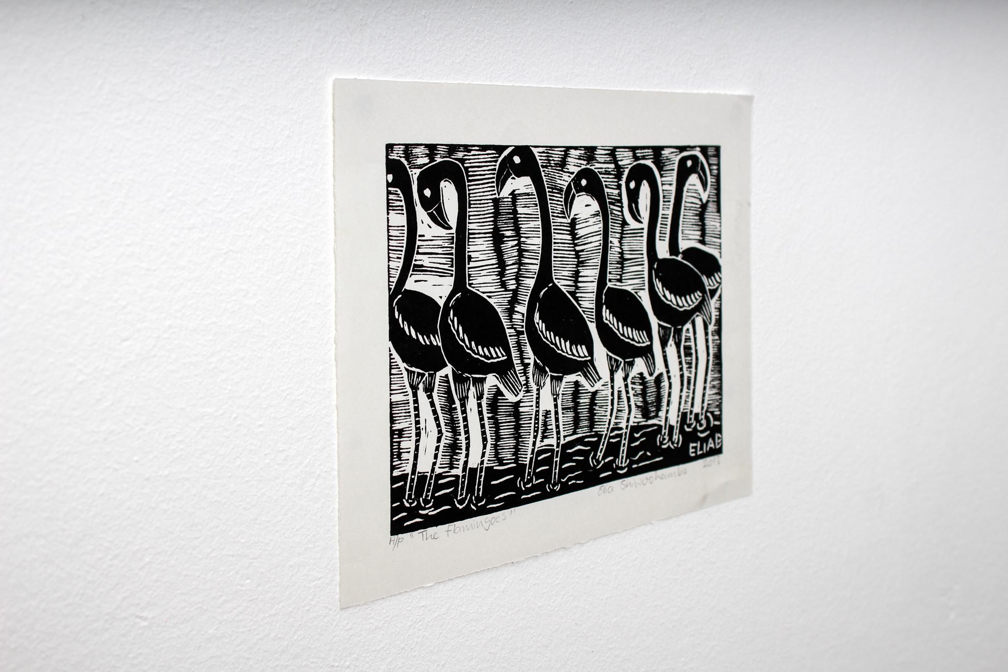 The flamingoes, Elia Shiwoohamba, Linoleum block print For Sale 4