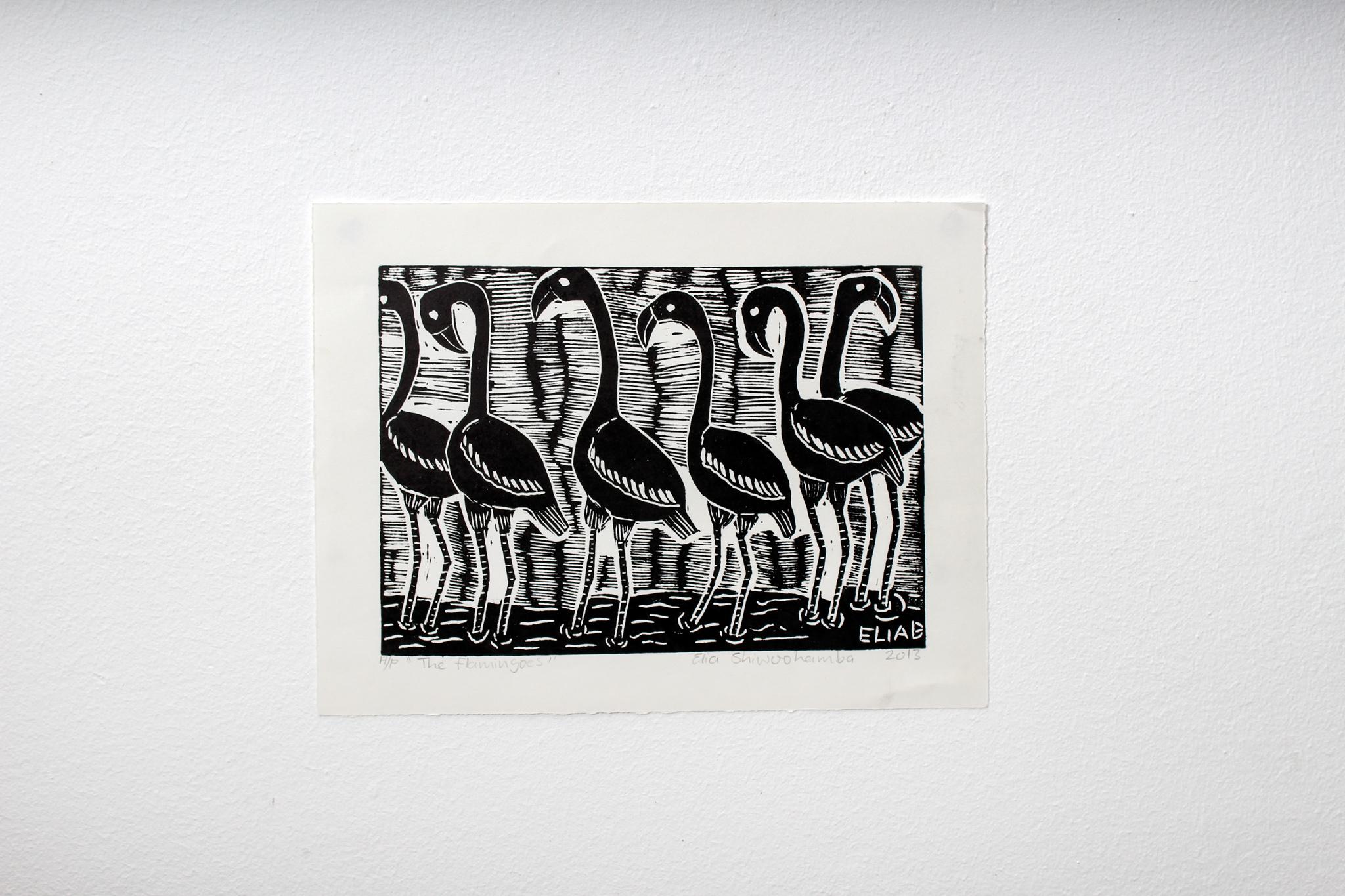 The flamingoes, Linoleum block prints on paper.

Elia Shiwoohamba was born in 1981 in Windhoek, Namibia. He graduated from the John Muafangejo Art Centre in Windhoek in 2006. Specialising in printmaking and sculpture, Shiwoohamba works as a