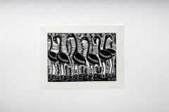 The flamingoes, Elia Shiwoohamba, Linoleum block print