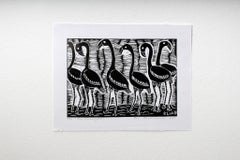 The flamingoes, Elia Shiwoohamba, Linoleum block print