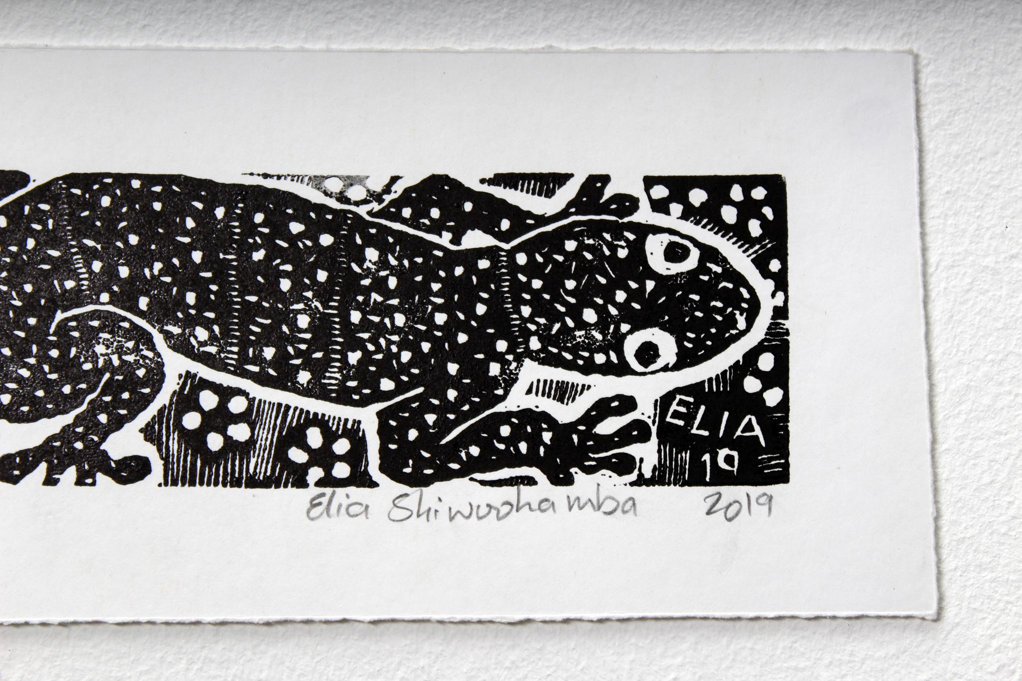 The gecko, Linoleum block prints on paper.

Elia Shiwoohamba was born in 1981 in Windhoek, Namibia. He graduated from the John Muafangejo Art Centre in Windhoek in 2006. Specialising in printmaking and sculpture, Shiwoohamba works as a professional