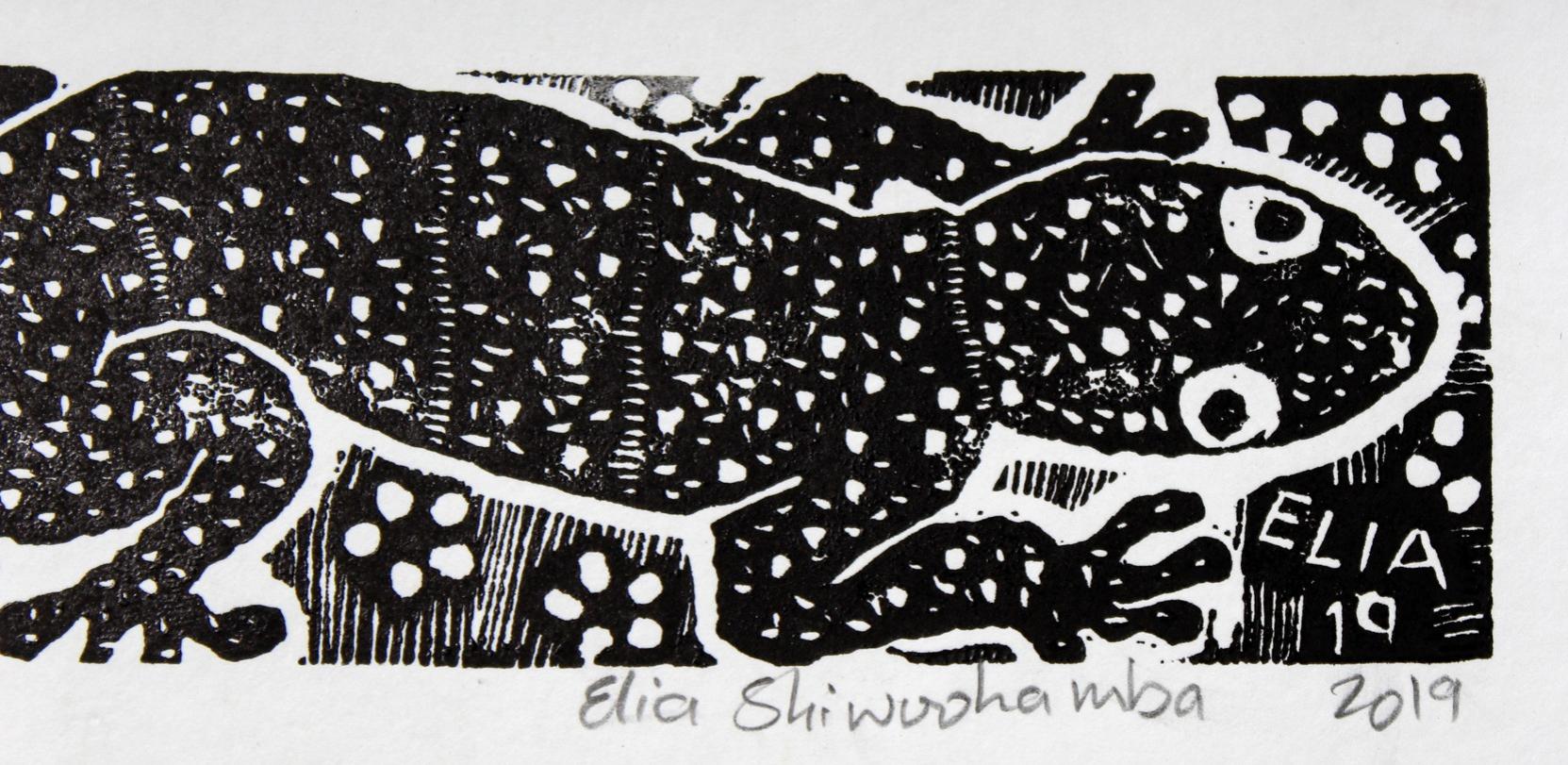 The gecko, Elia Shiwoohamba, Linoleum block print For Sale 1