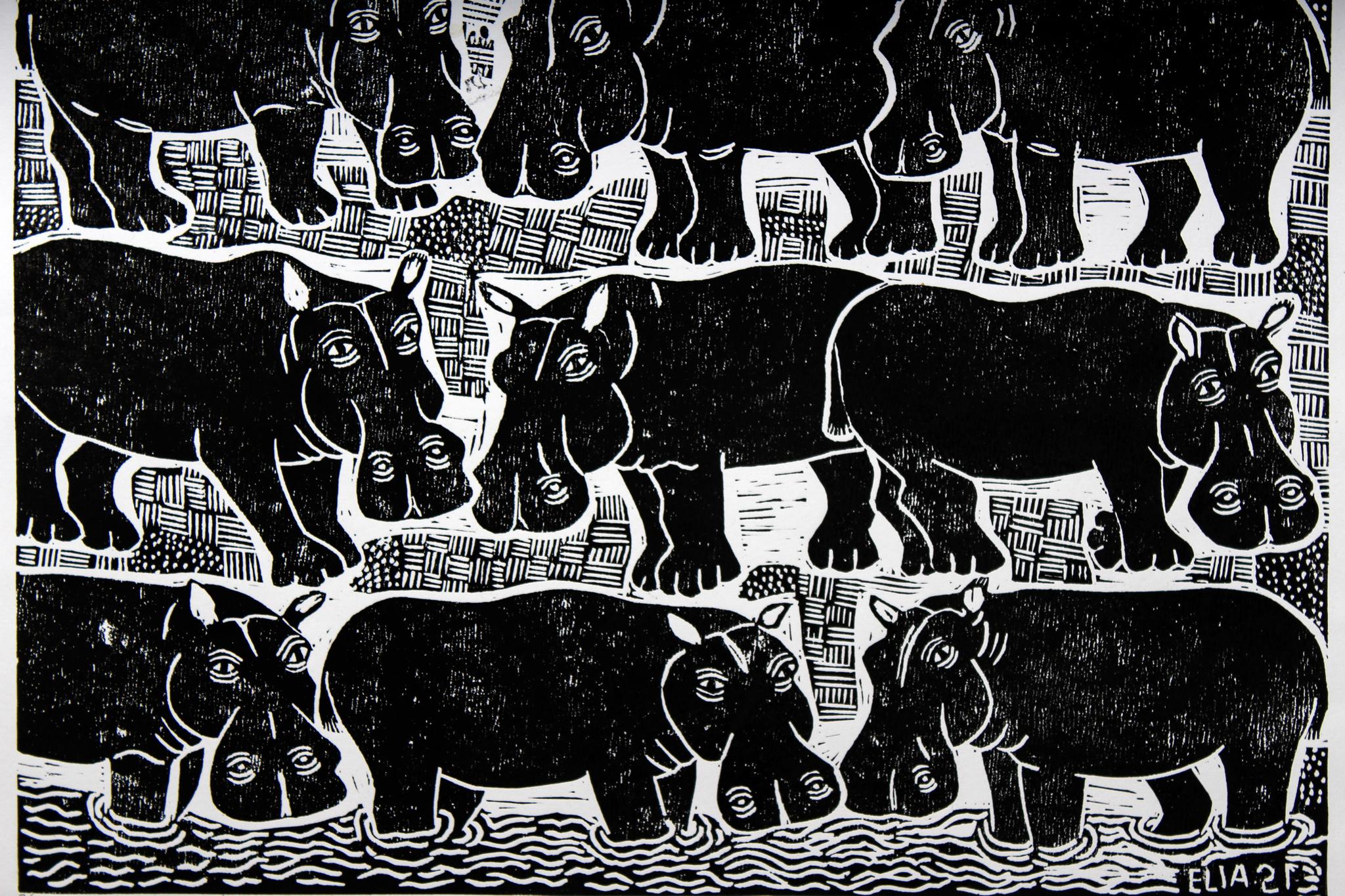 The hippopotemus in the Kavango river, Elia Shiwoohamba, Linoleum block print For Sale 2