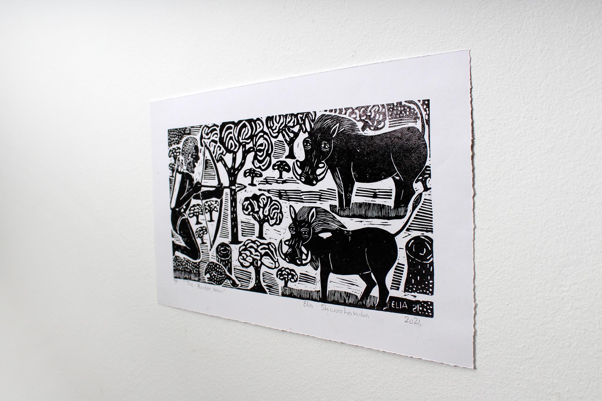 The hunter man, Elia Shiwoohamba, Linoleum block print on paper For Sale 2