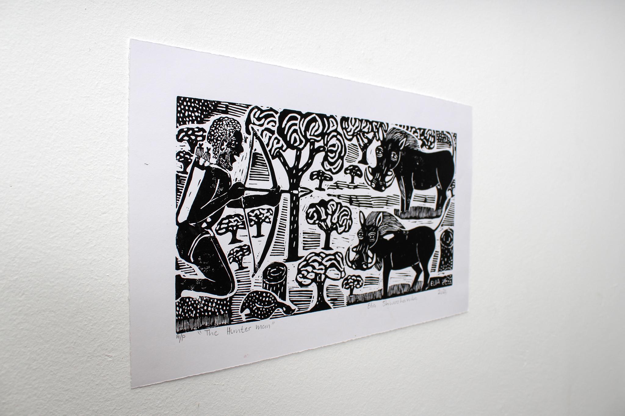 The hunter man, Elia Shiwoohamba, Linoleum block print on paper For Sale 3