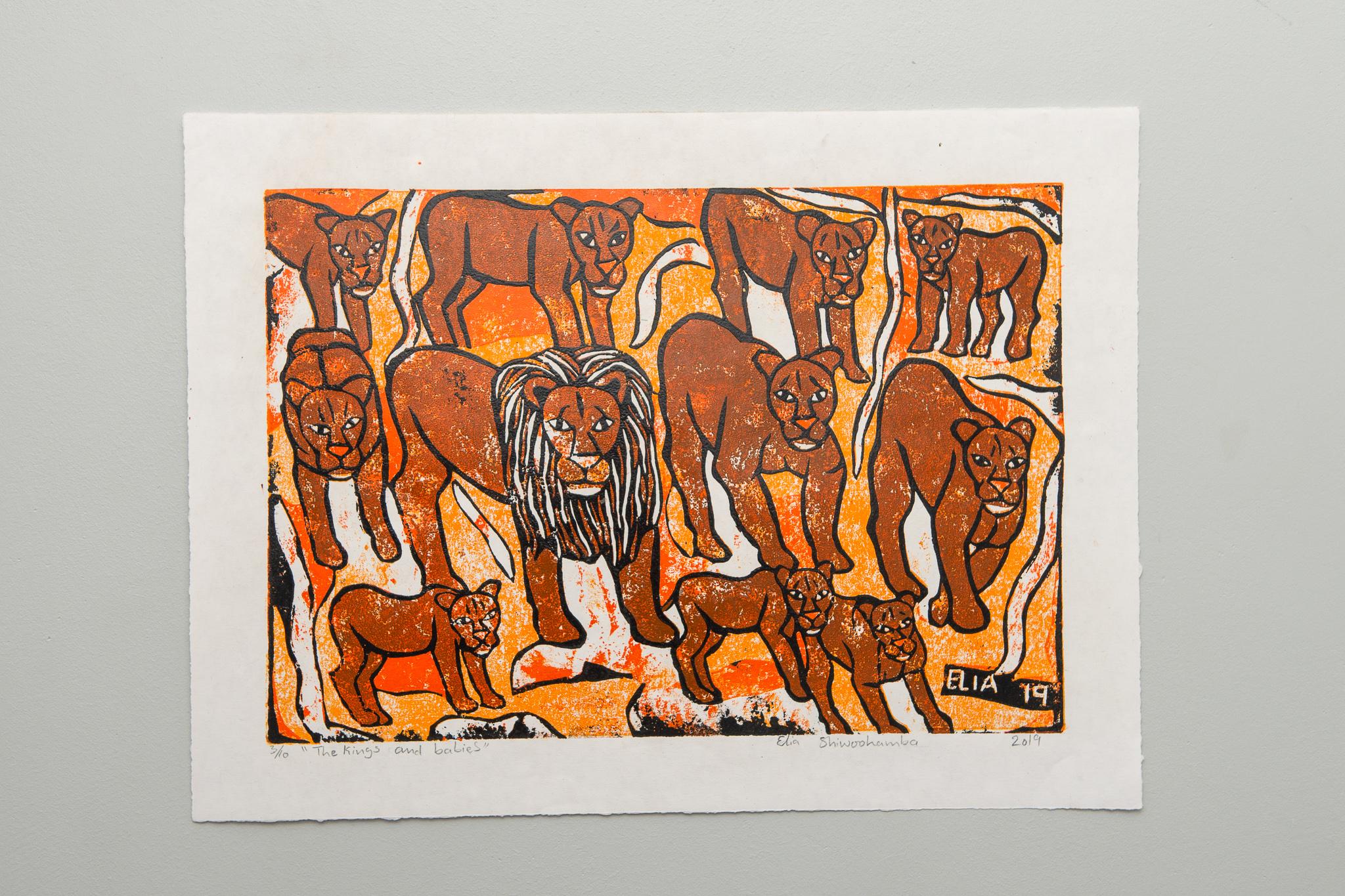 The Kings and babies, 2019. Cardboard print on paper. Edition of 10.

Elia Shiwoohamba was born in 1981 in Windhoek, Namibia. He graduated from the John Muafangejo Art Centre in Windhoek in 2006. Specialising in printmaking and sculpture,