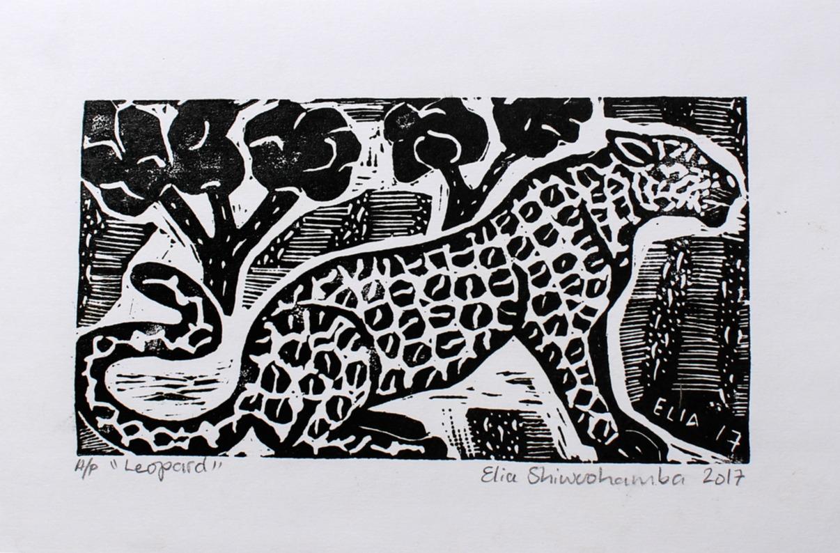 Der Leopard, Elia Shiwoohamba, Linoleum-Blumendruck im Angebot 2