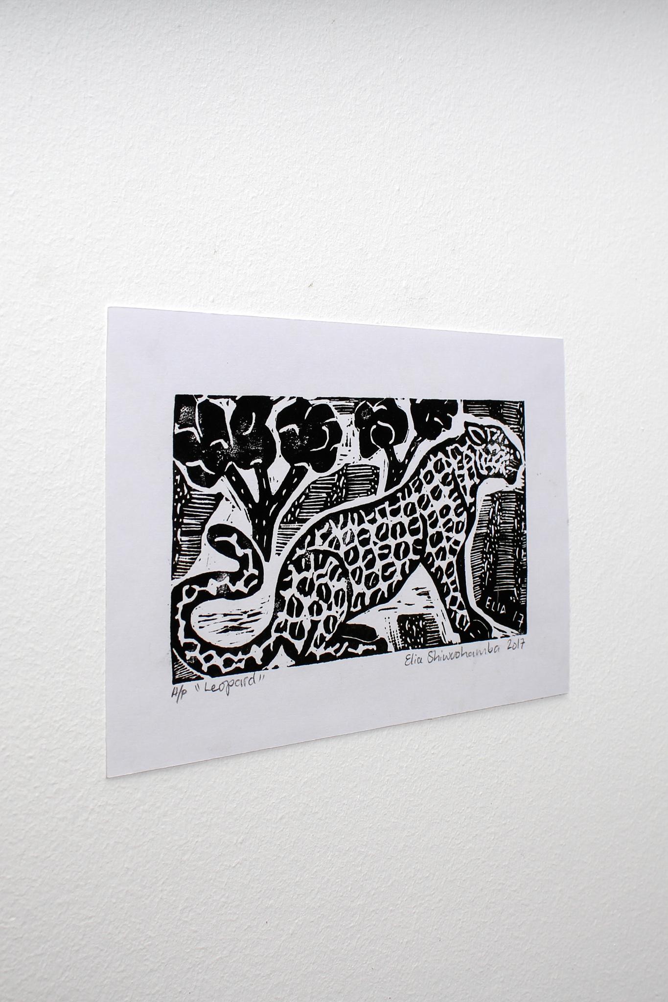 The leopard, Linoleum block prints on paper.

Elia Shiwoohamba was born in 1981 in Windhoek, Namibia. He graduated from the John Muafangejo Art Centre in Windhoek in 2006. Specialising in printmaking and sculpture, Shiwoohamba works as a
