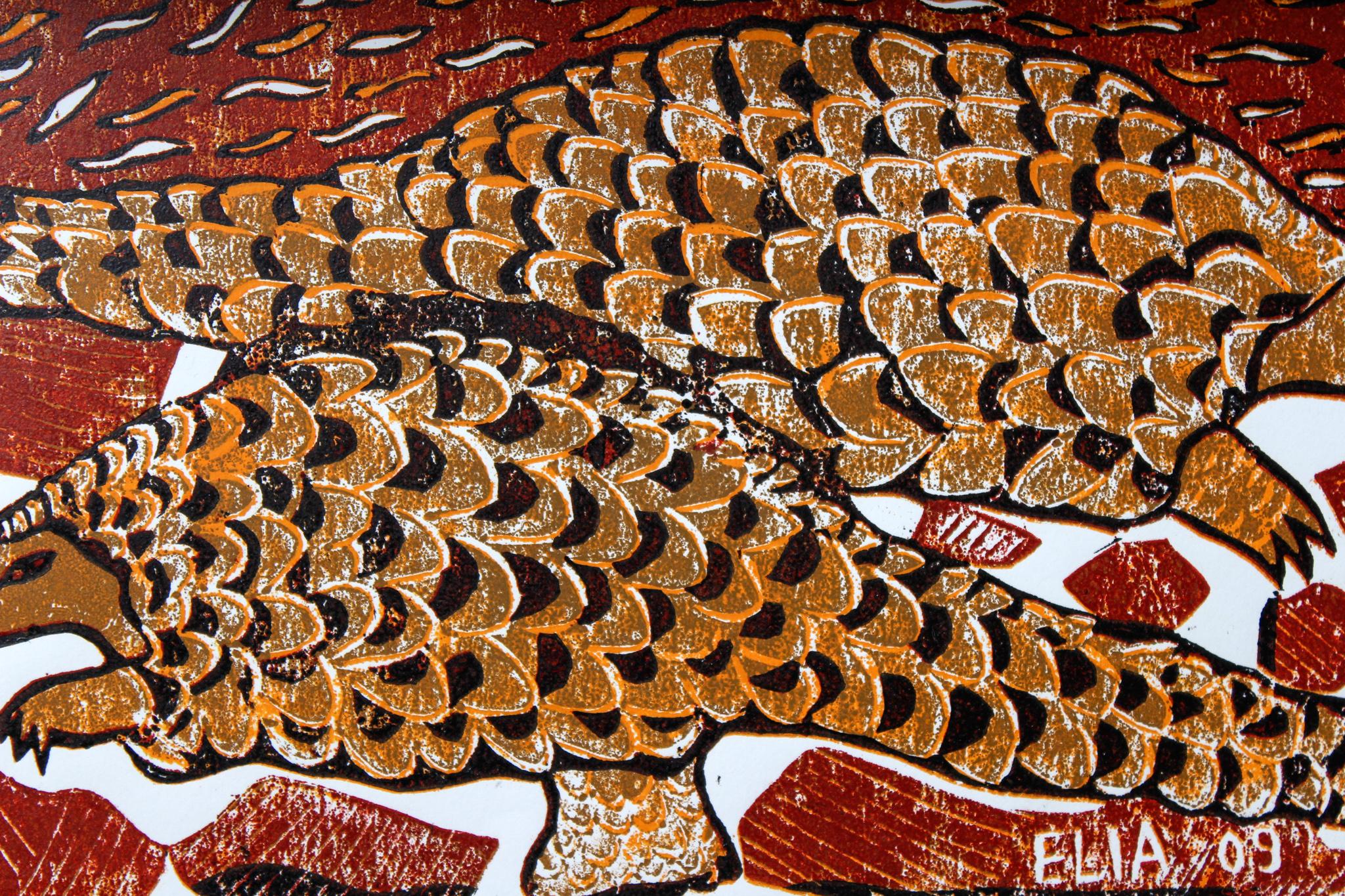 The pangolins, 2090. Cardboard block print on paper.  Edition of 11.

Elia Shiwoohamba was born in 1981 in Windhoek, Namibia. He graduated from the John Muafangejo Art Centre in Windhoek in 2006. Specialising in printmaking and sculpture,