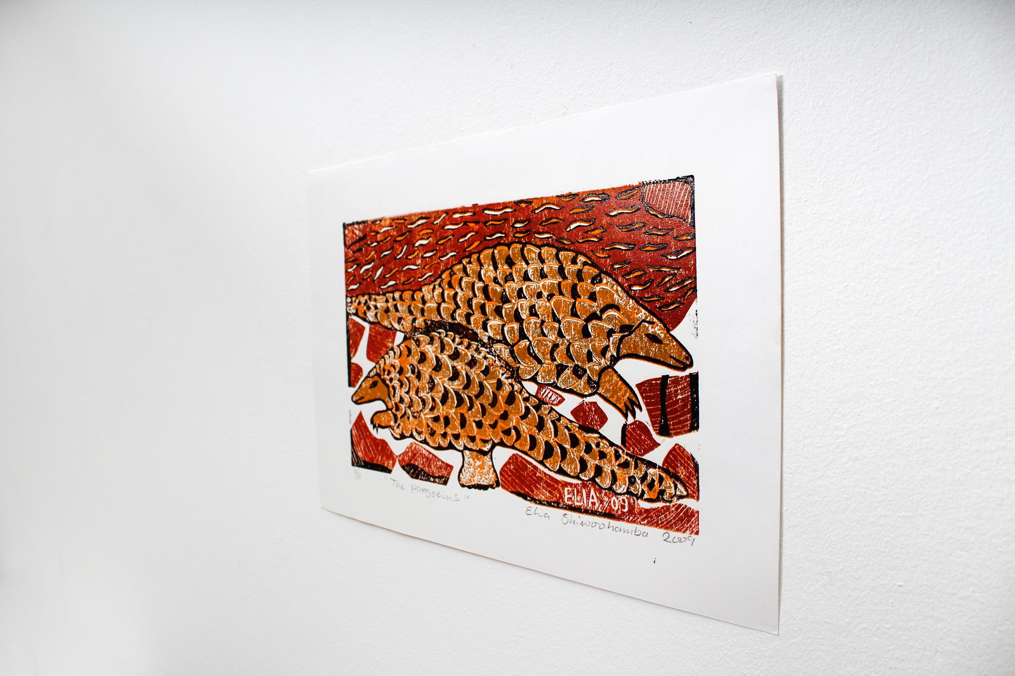 The pangolins, Elia Shiwoohamba, Cardboard block print on paper For Sale 1