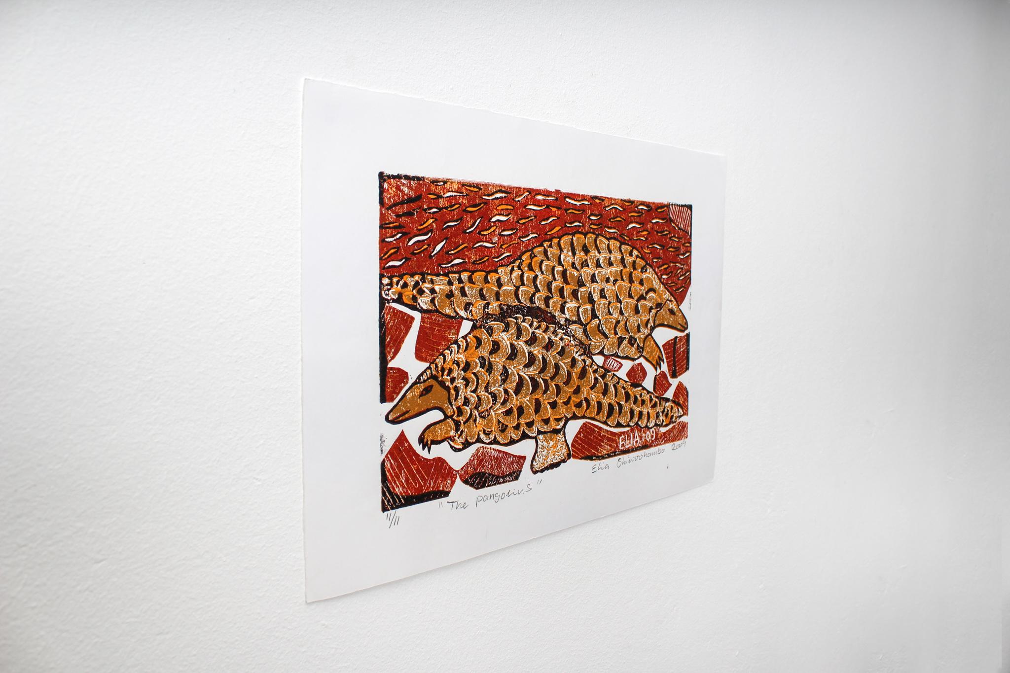 The pangolins, Elia Shiwoohamba, Cardboard block print on paper For Sale 2