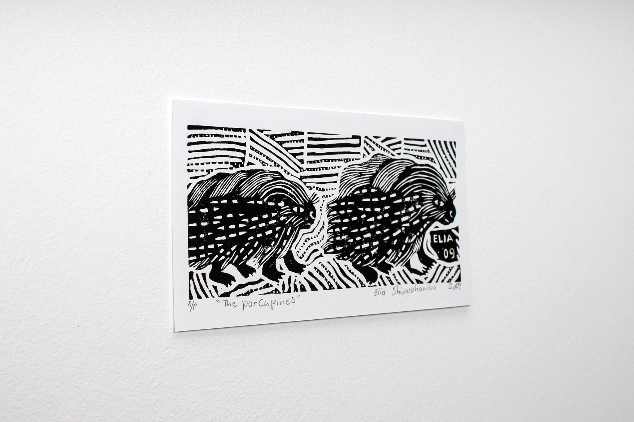 The porcupines, Elia Shiwoohamba, Linoleum block print on paper For Sale 1