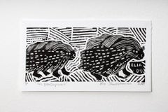 The porcupines, Elia Shiwoohamba, Linoleum block print on paper
